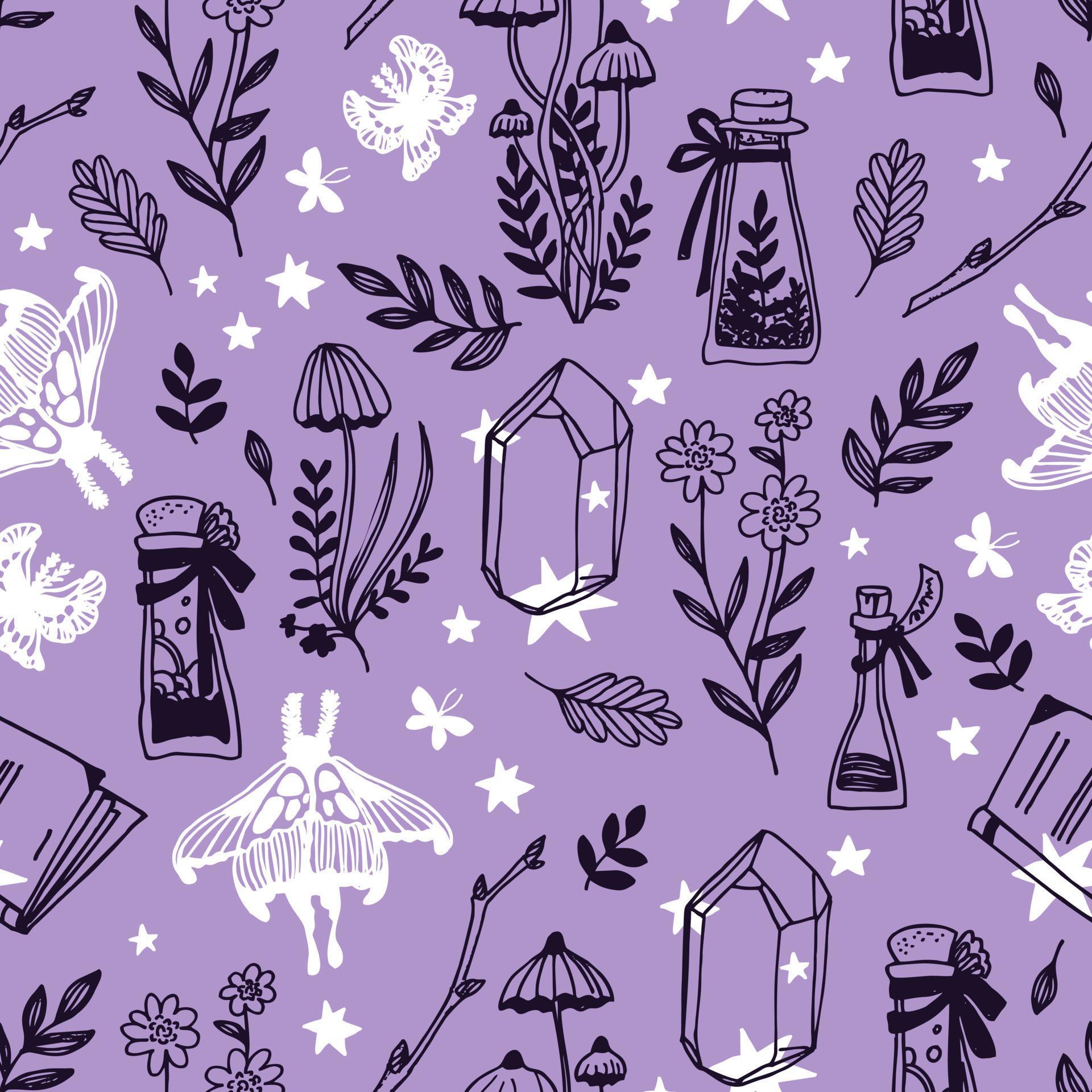 Magic concept vector seamless pattern. Seamless pattern of stars, flowers, crystals, toadstools, leaves, twigs, potion bottles and moths. Vector illustration Stock Free