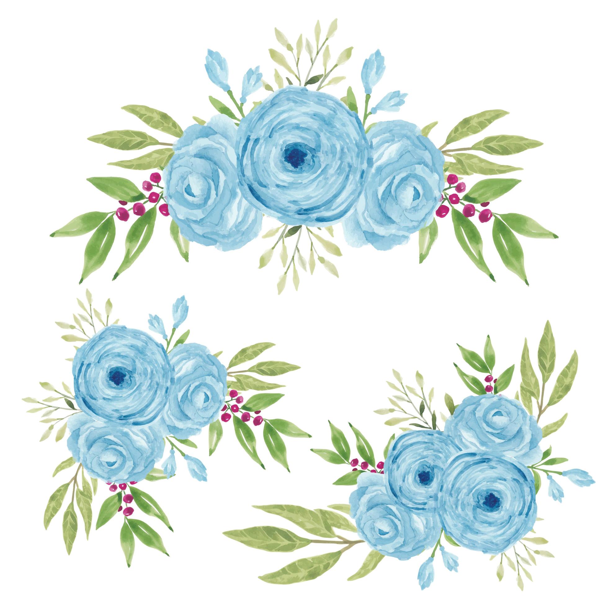 Watercolor hand painted blue rose flower bouquet collection Stock Free