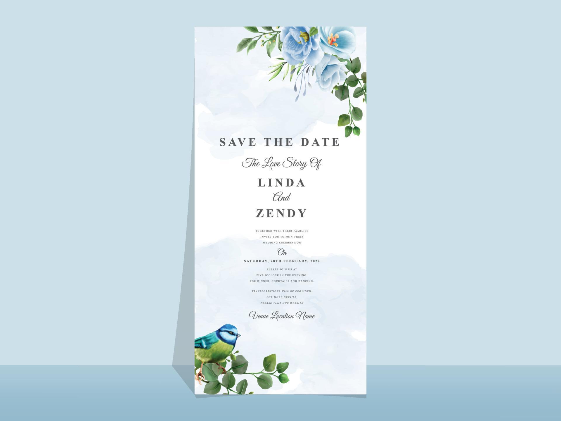 Wedding invitation card template blue flowers theme Stock Free