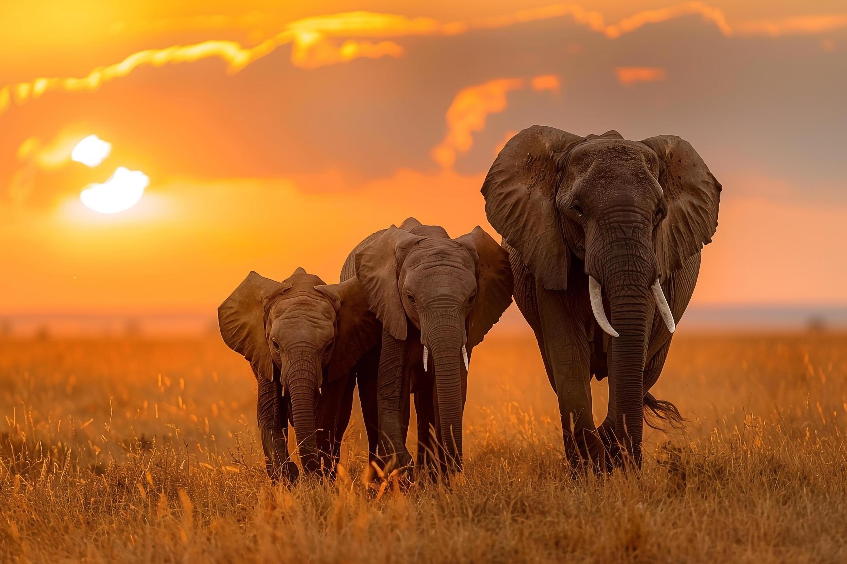 A family of elephants roaming the savanna at sunset. Nature. Background Stock Free