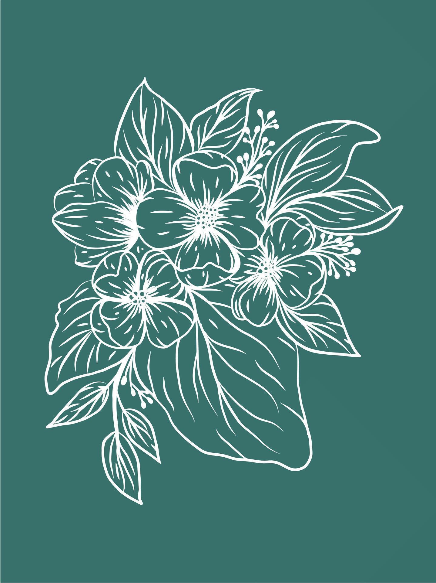 Hand drawn Illustration flower and leaves white line art and green background Stock Free