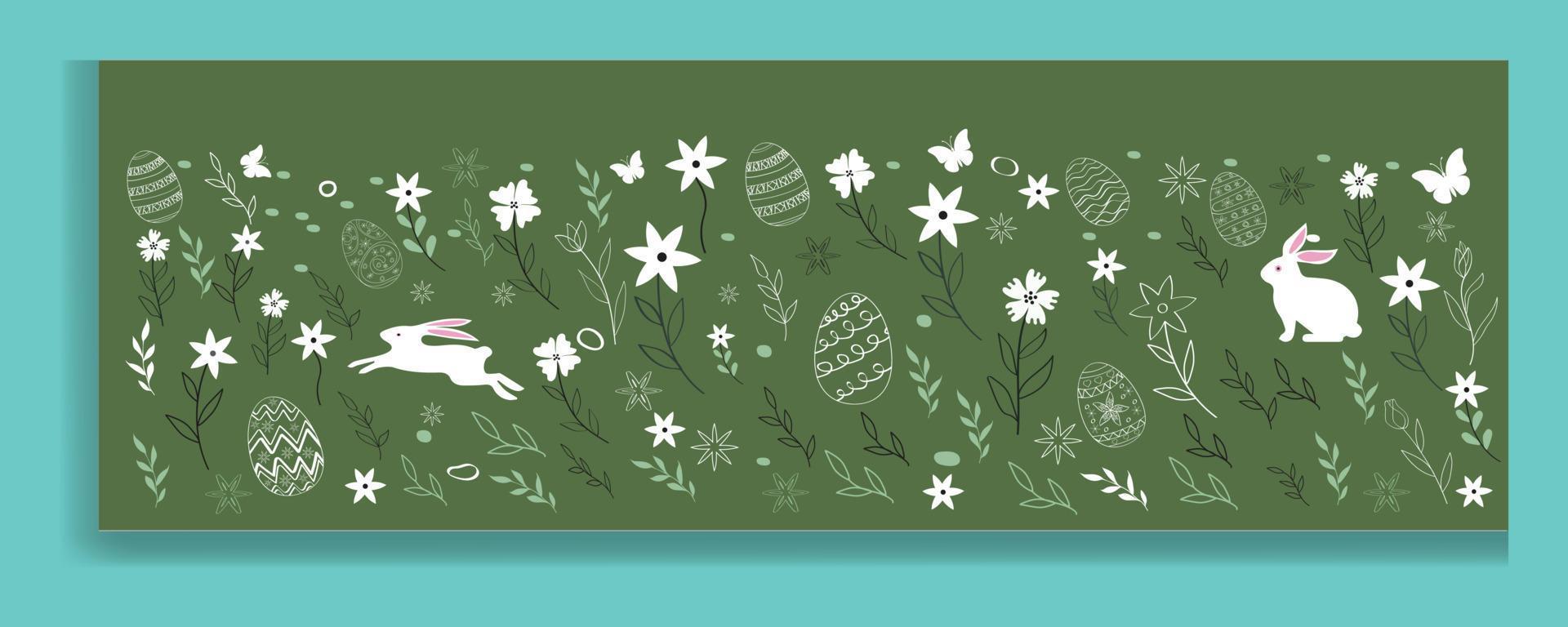 Seamless pattern icons with Easter eggs, flowers, bunnies and butterfly. Stock Free