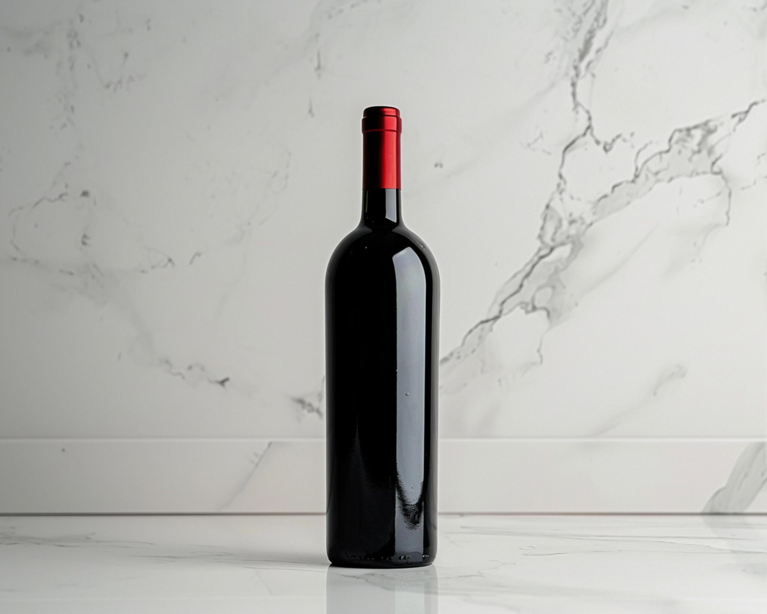 a bottle of red wine is sitting on a marble counter Stock Free