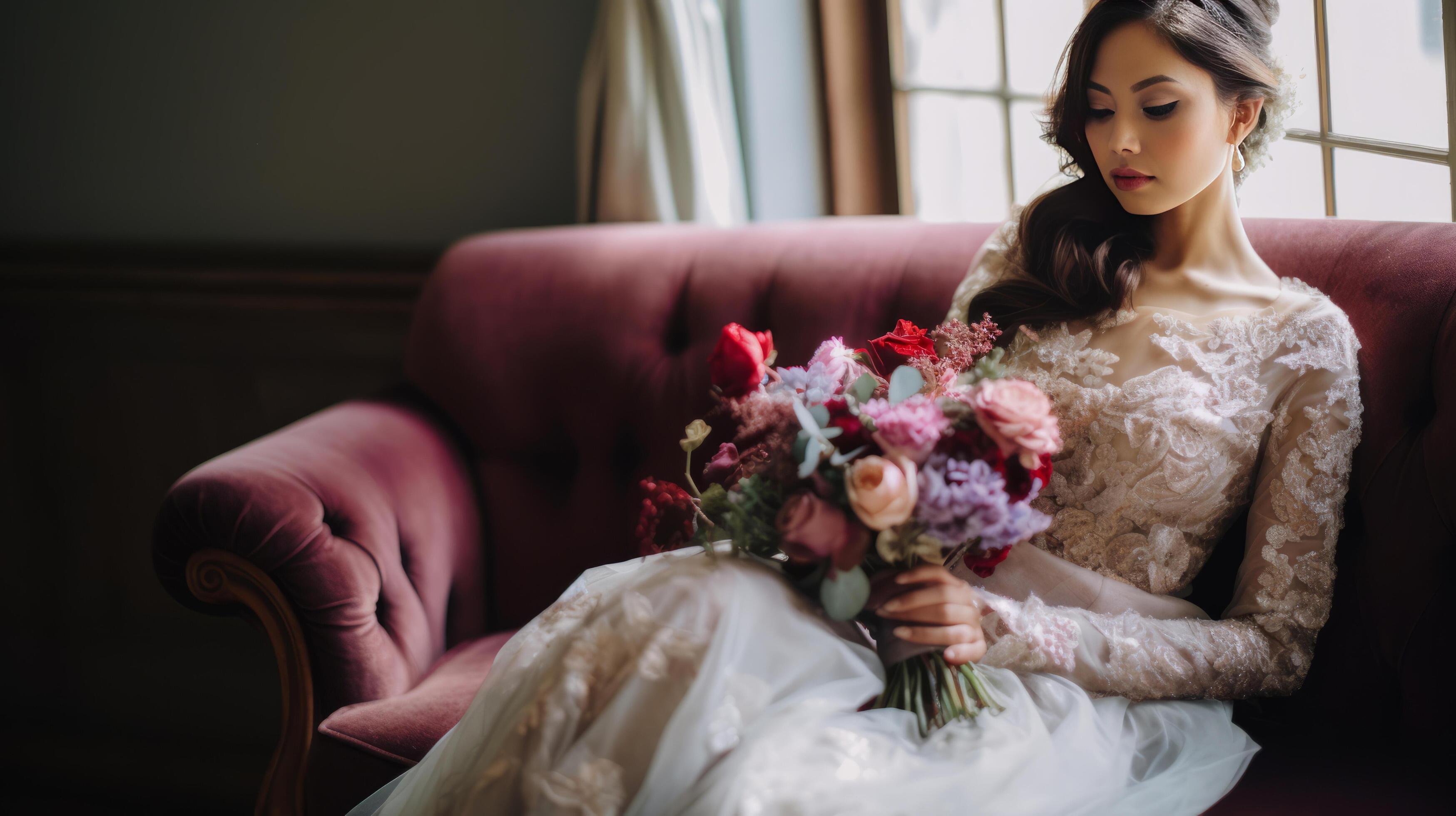 Bride sitting with flowers. Illustration Stock Free