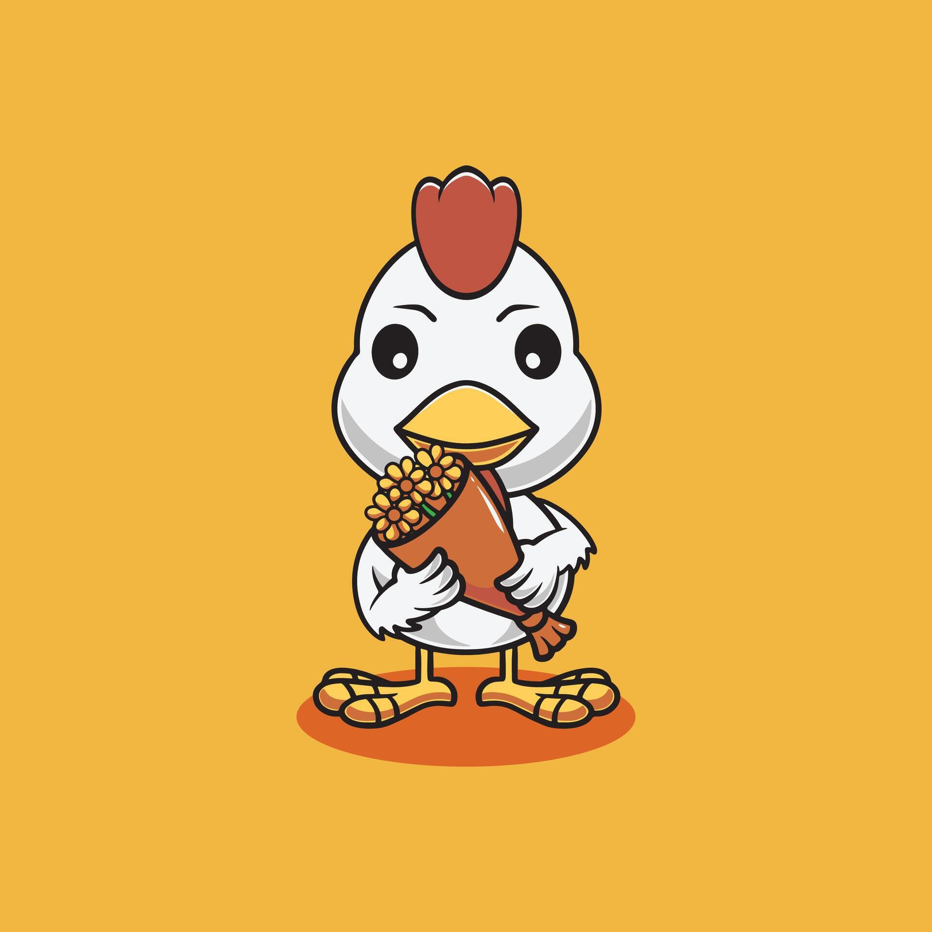 Cute chicken with flower cartoon illustration Stock Free