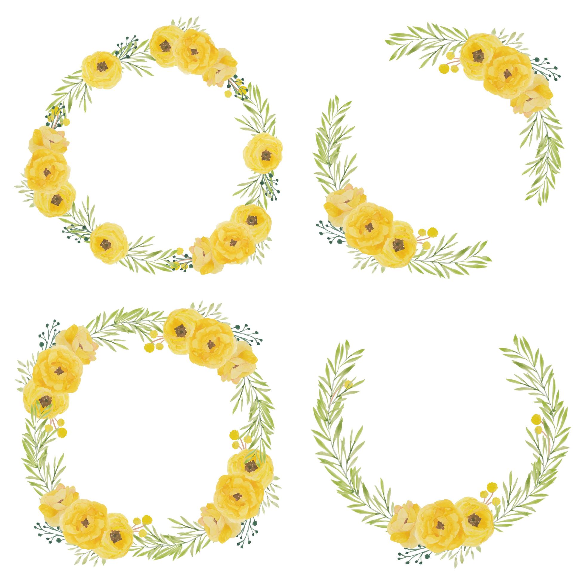 Set of watercolor yellow rose flower circle frames Stock Free