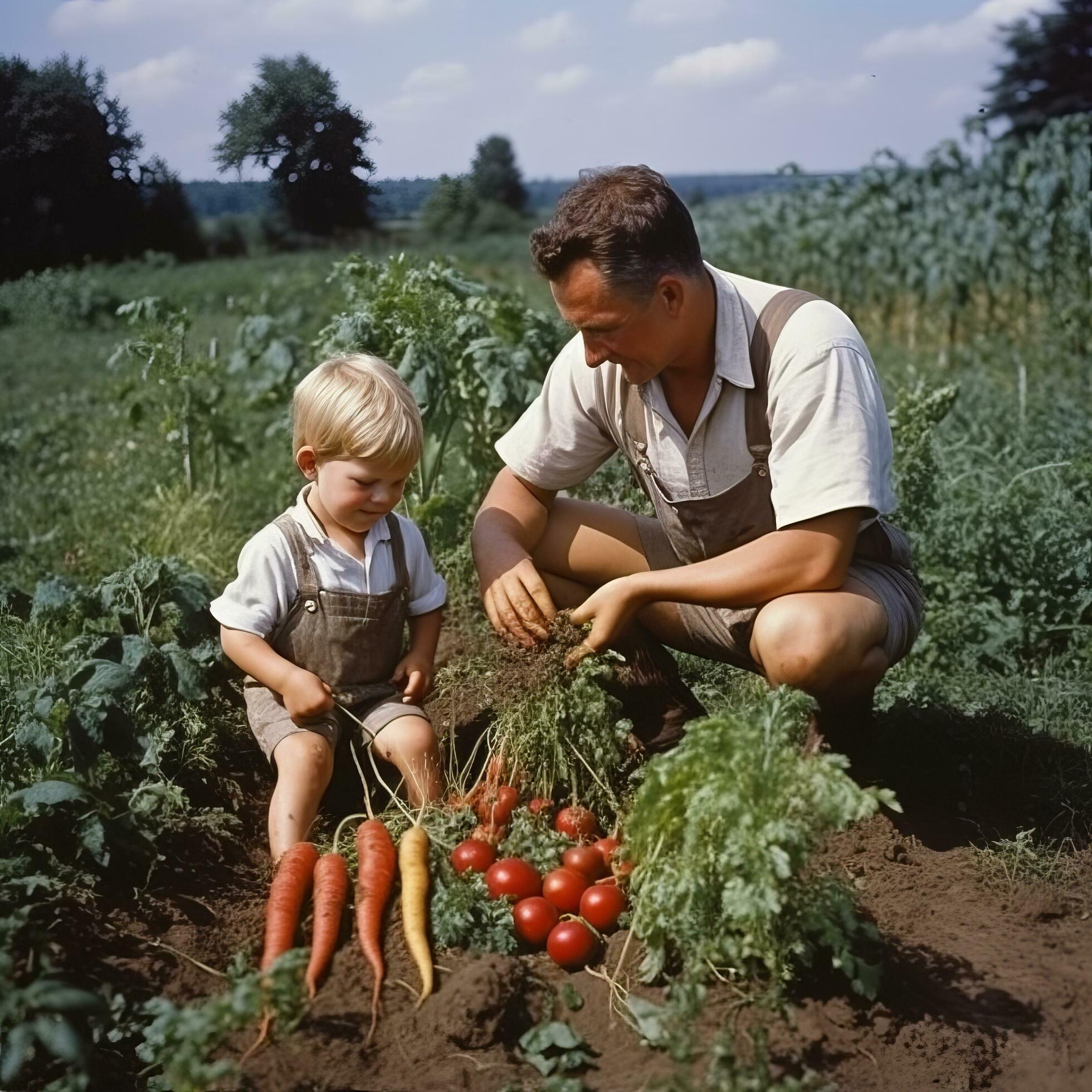 Harvesting vegetables happy family – AI generated Stock Free