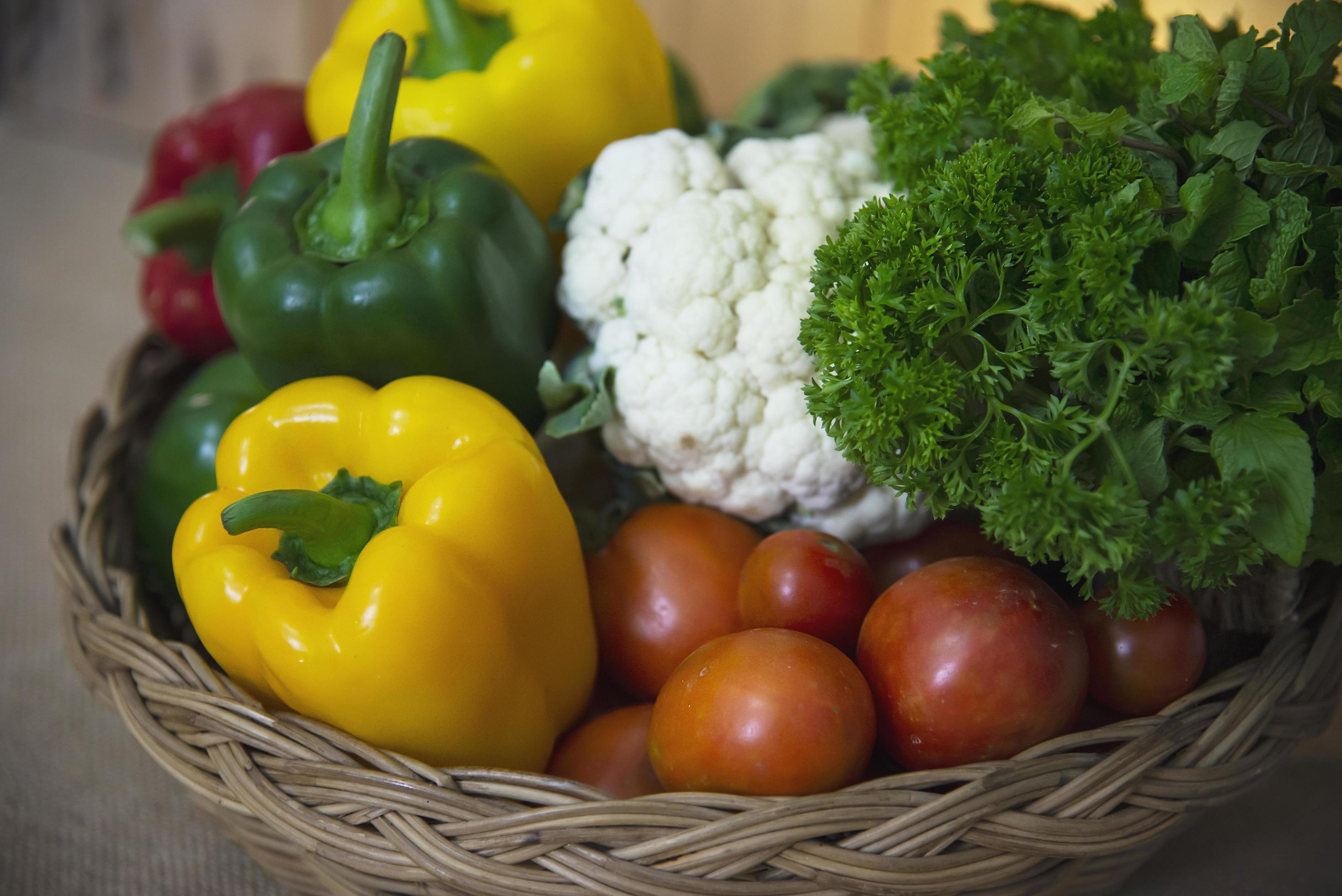 Fresh variety vegetable basket ready to be cooked in the kitchen – vegetable for making food background with copy space concept Stock Free