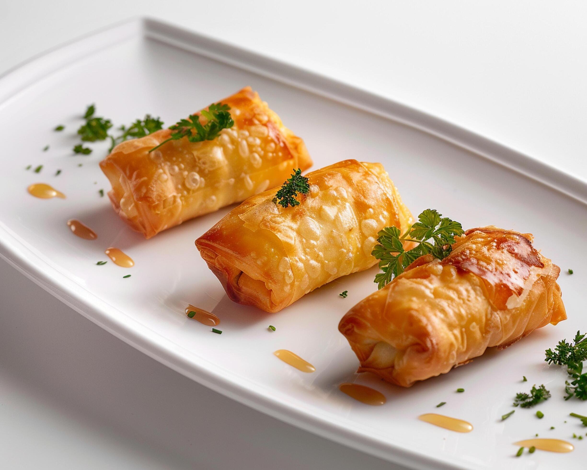 three stuffed pastry rolls on a white plate Stock Free