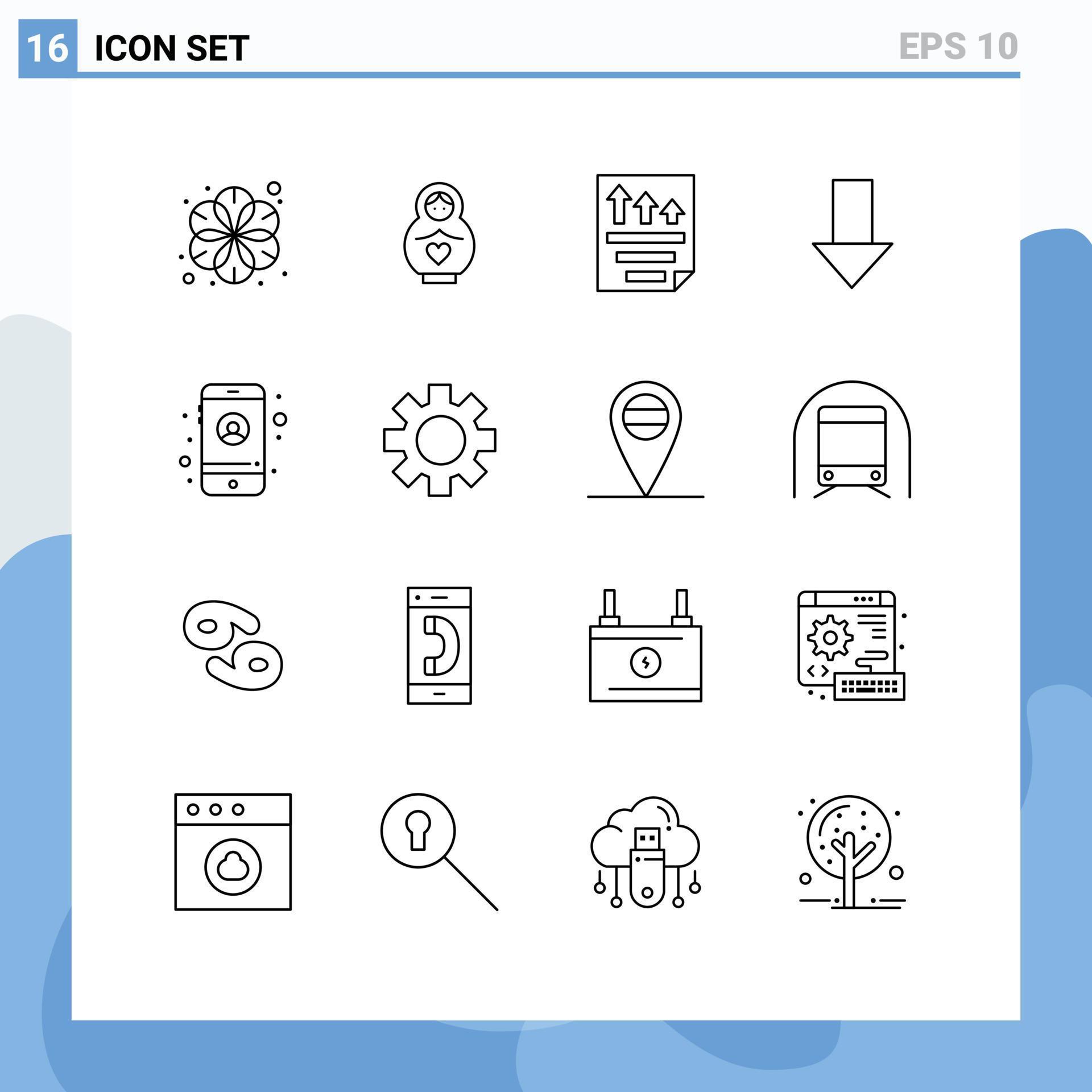 Group of 16 Outlines Signs and Symbols for account down arrow data down report Editable Vector Design Elements Stock Free