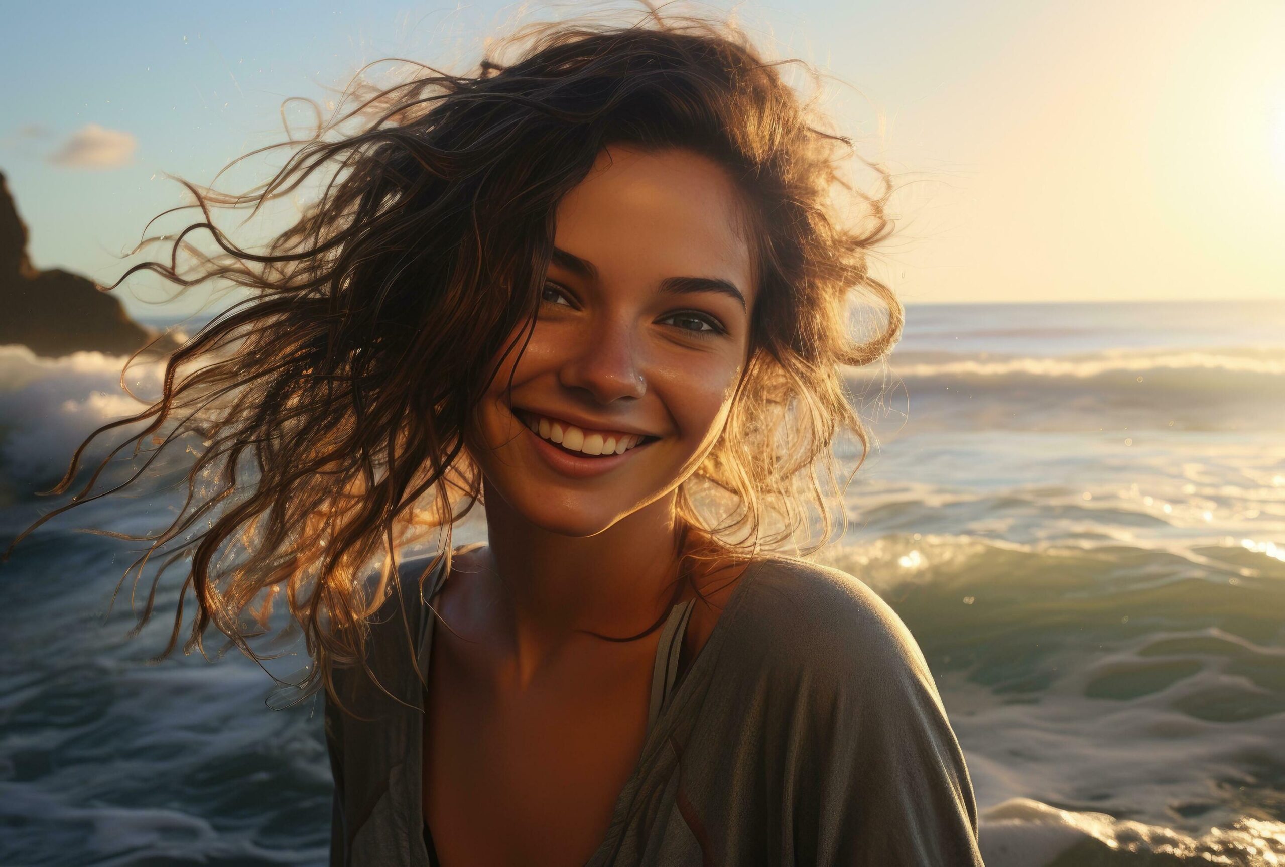 woman smiling in front of the ocean Free Photo