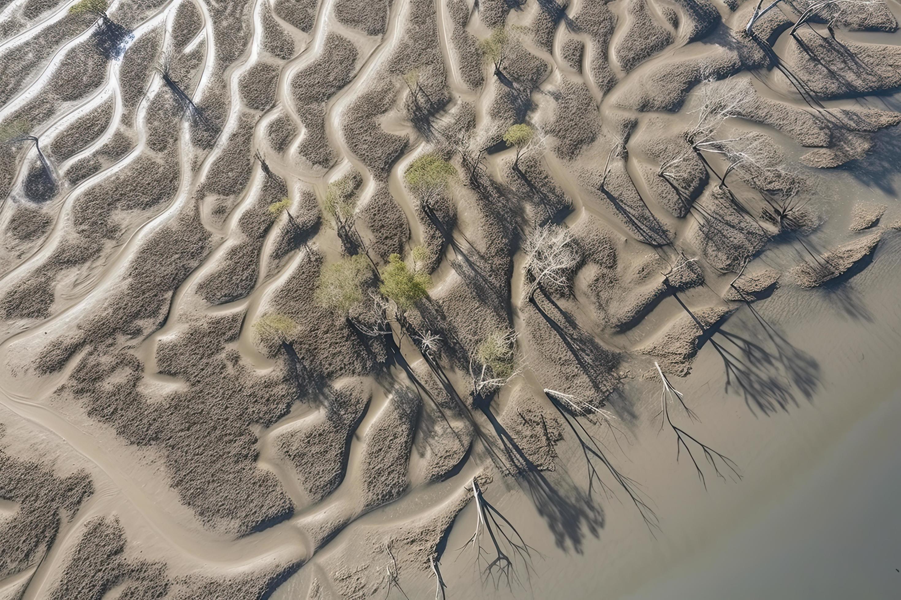 Aerial view of natural patterns in the sand at low tide near mangrove tree forest. Stock Free