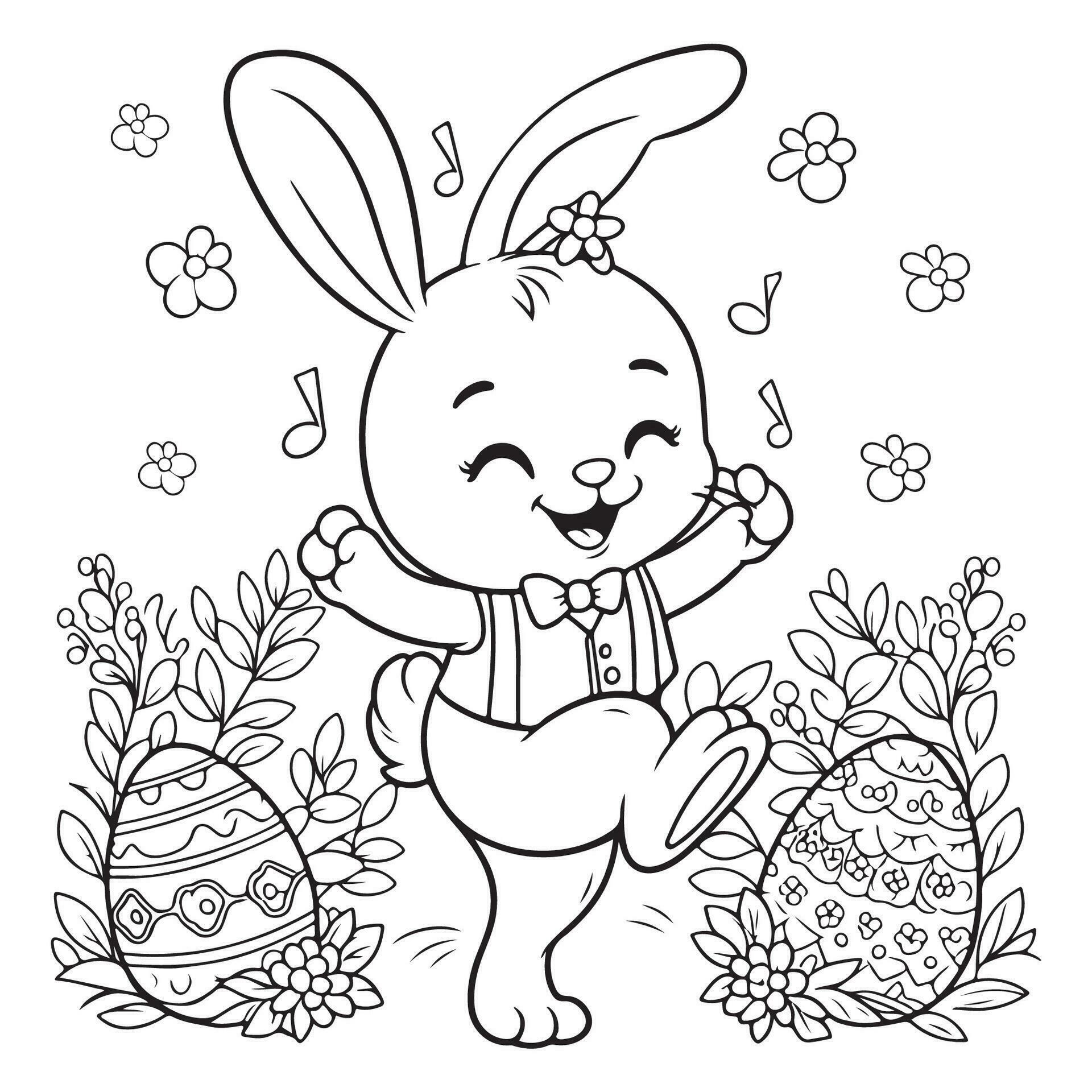 Dancing Easter bunny with decorative eggs, flower, star black and white line drawing. EASTER SUNDAY SPECIAL Stock Free