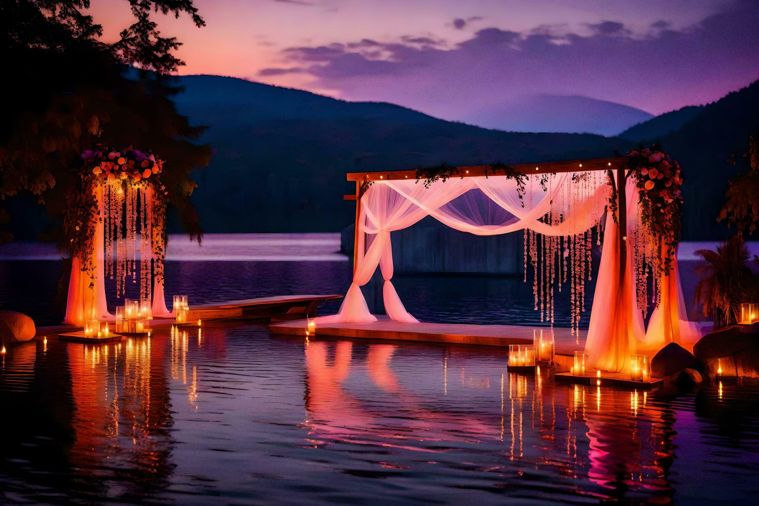 a wedding ceremony set up on the water at sunset Free Photo