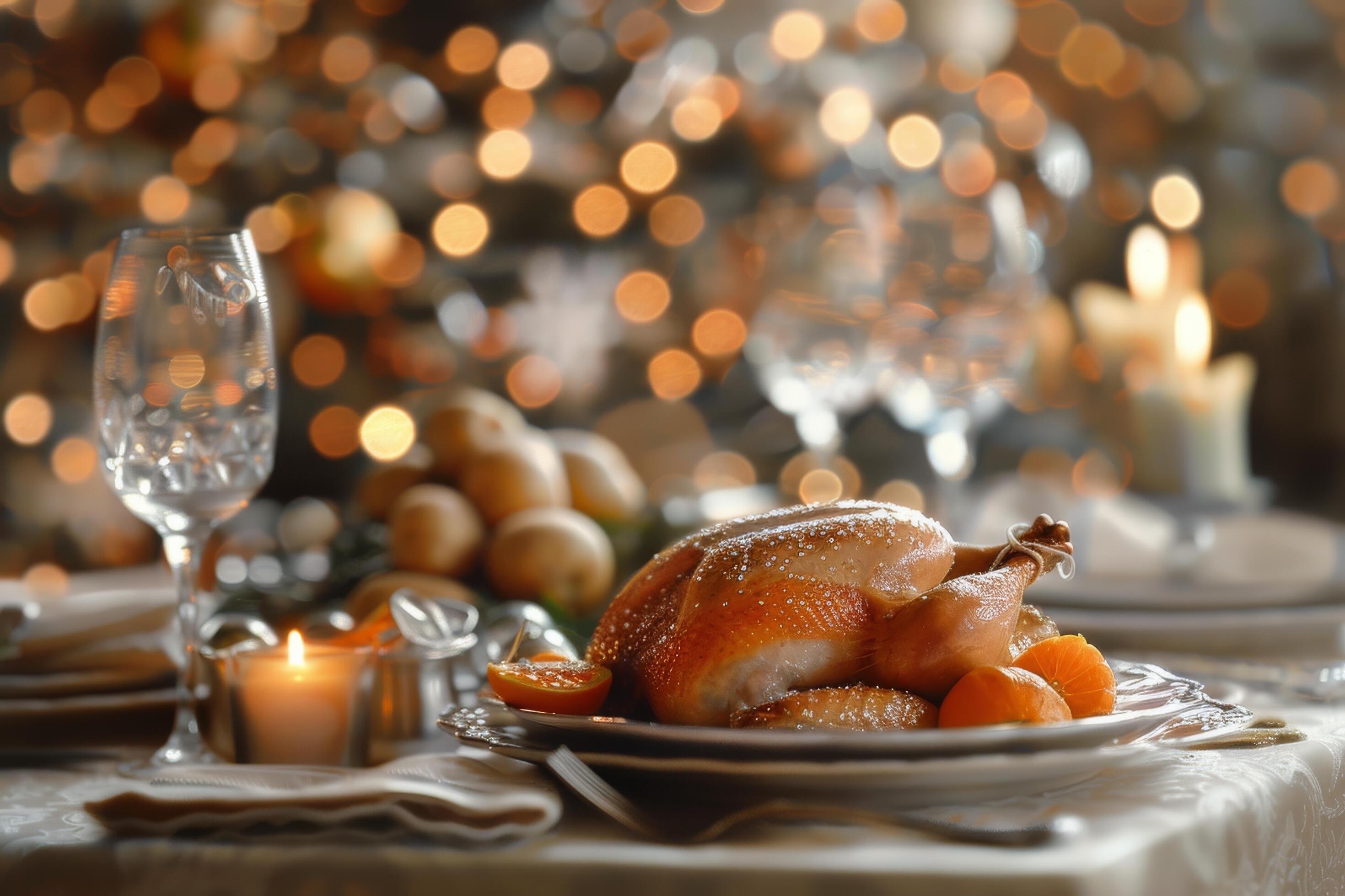 Roasted Turkey Centerpiece on Festive Table With Holiday Decorations and Twinkling Lights Stock Free