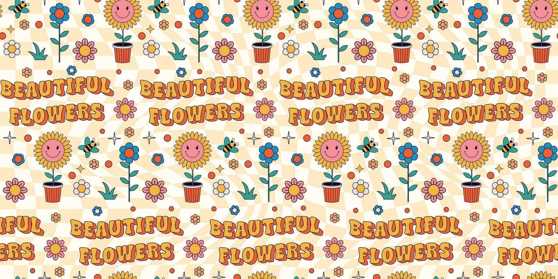 seamless pattern with groovy flowers 70s Stock Free