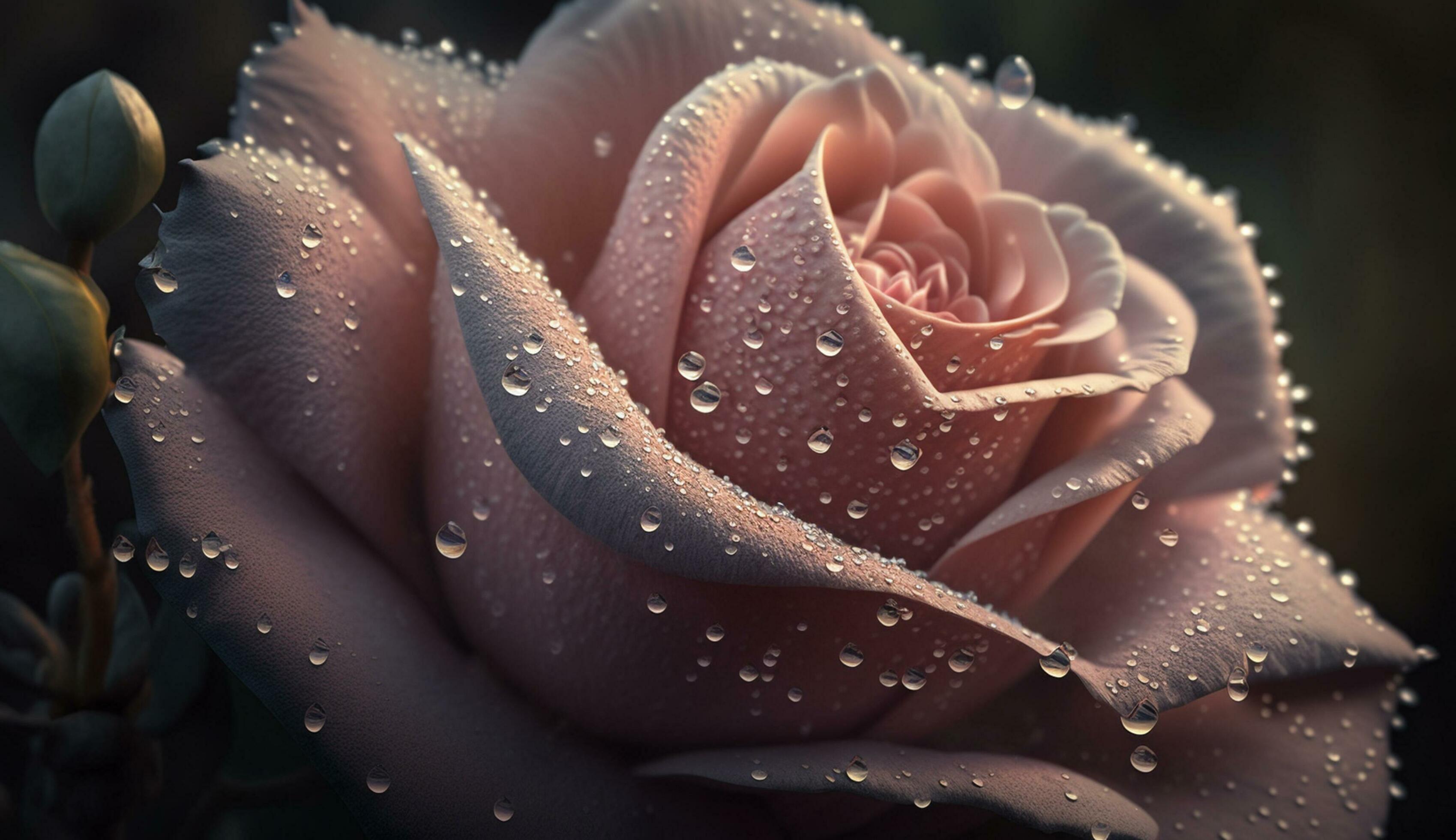 romance Wet pink flower head with dew ,generative AI Stock Free