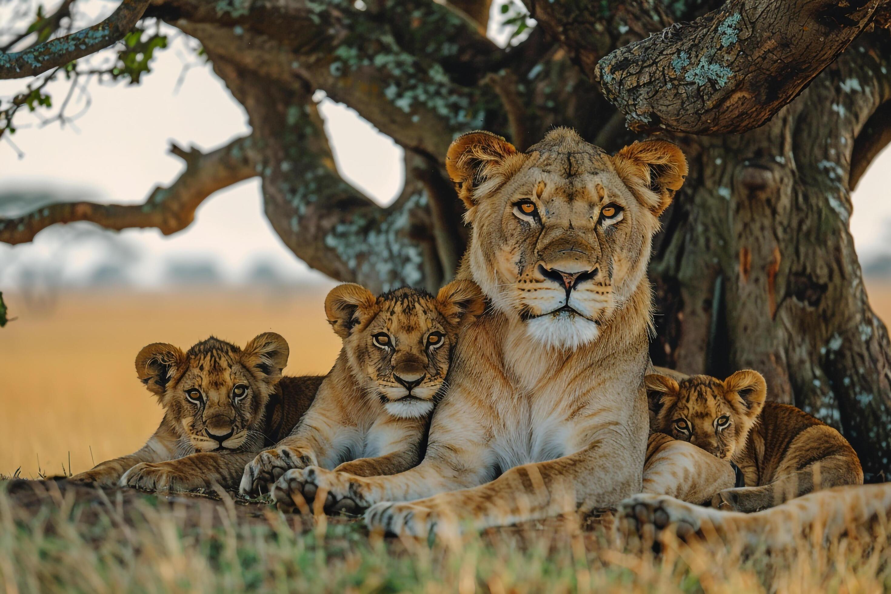 Lion Family under Tree Background Stock Free