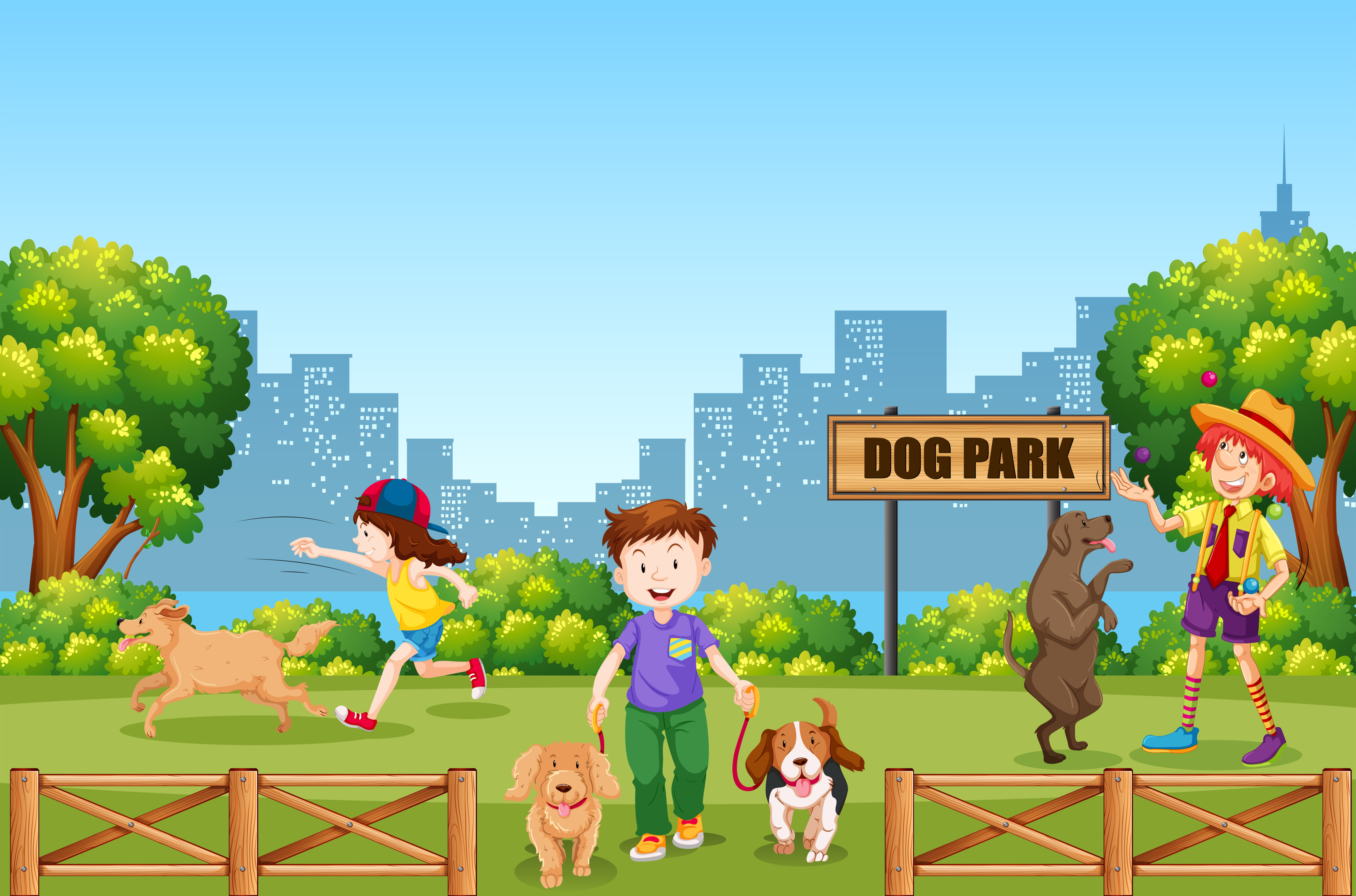 People and dog at dog park Free Vector