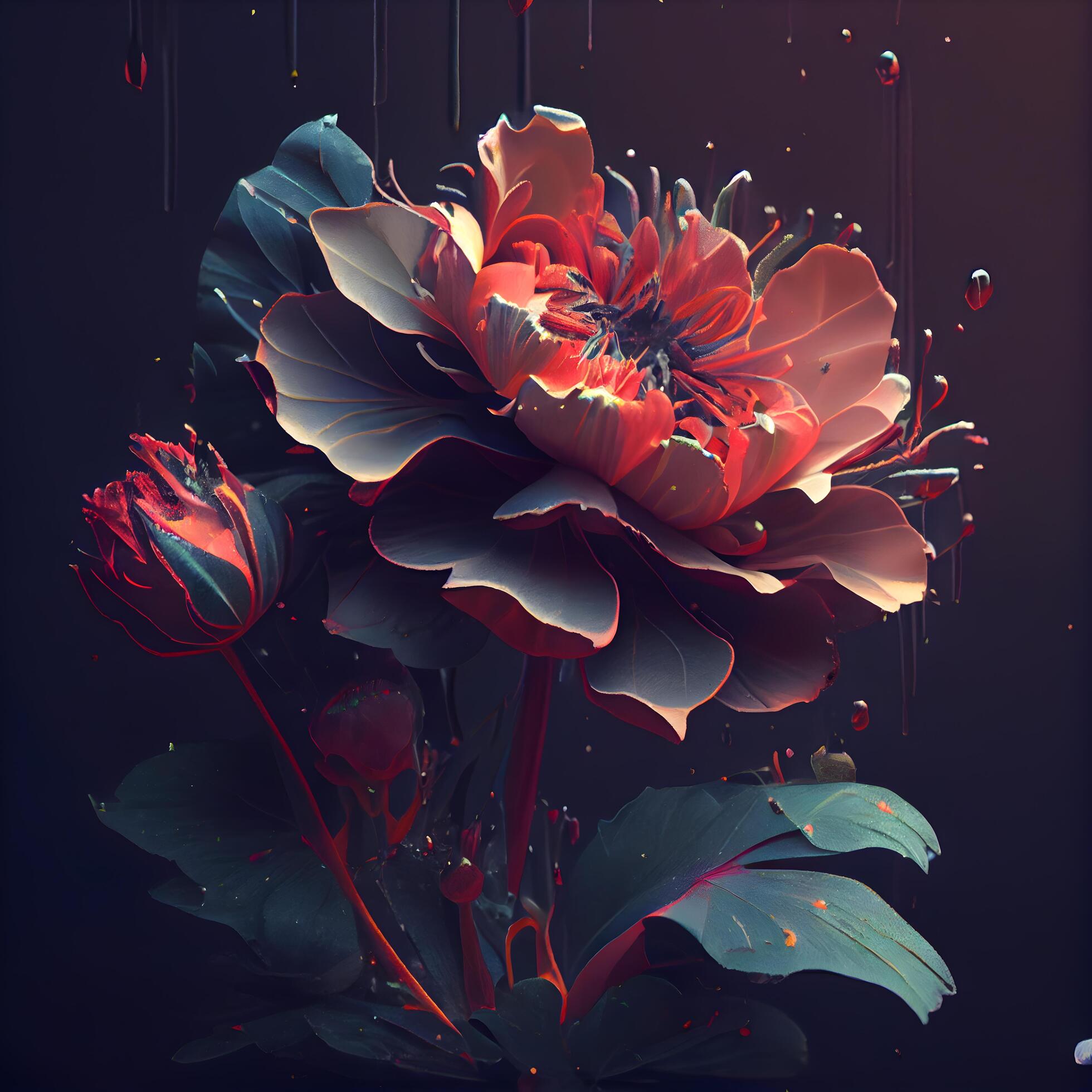 Red peony flower on a black background. 3D illustration., Image Stock Free