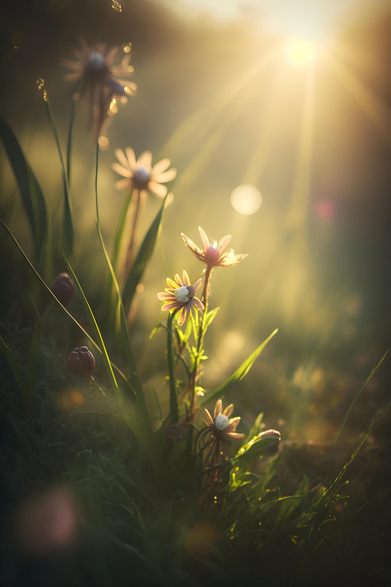 evening flowers and green grass created by technology Stock Free