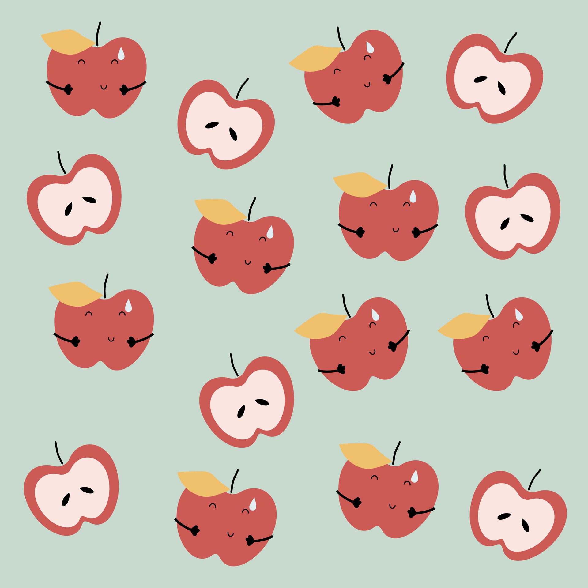 Hand drawn cute apple pattern. Apple fruit pattern on green background. Fruit Background. Pattern for fabric Free Vector