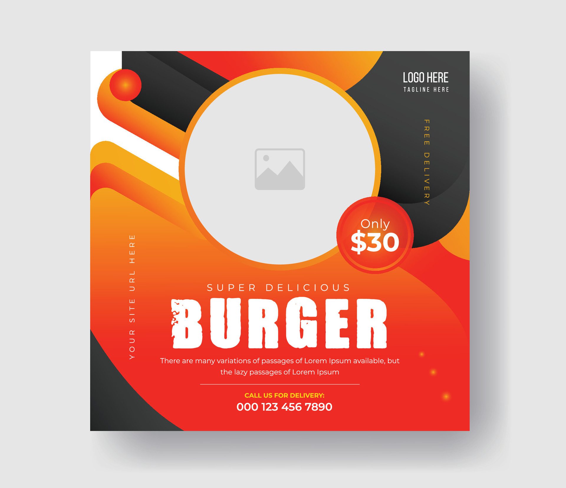 Burger food post online advertising promotion banner business vector layout design with colorful gradient shape and element. Free Vector