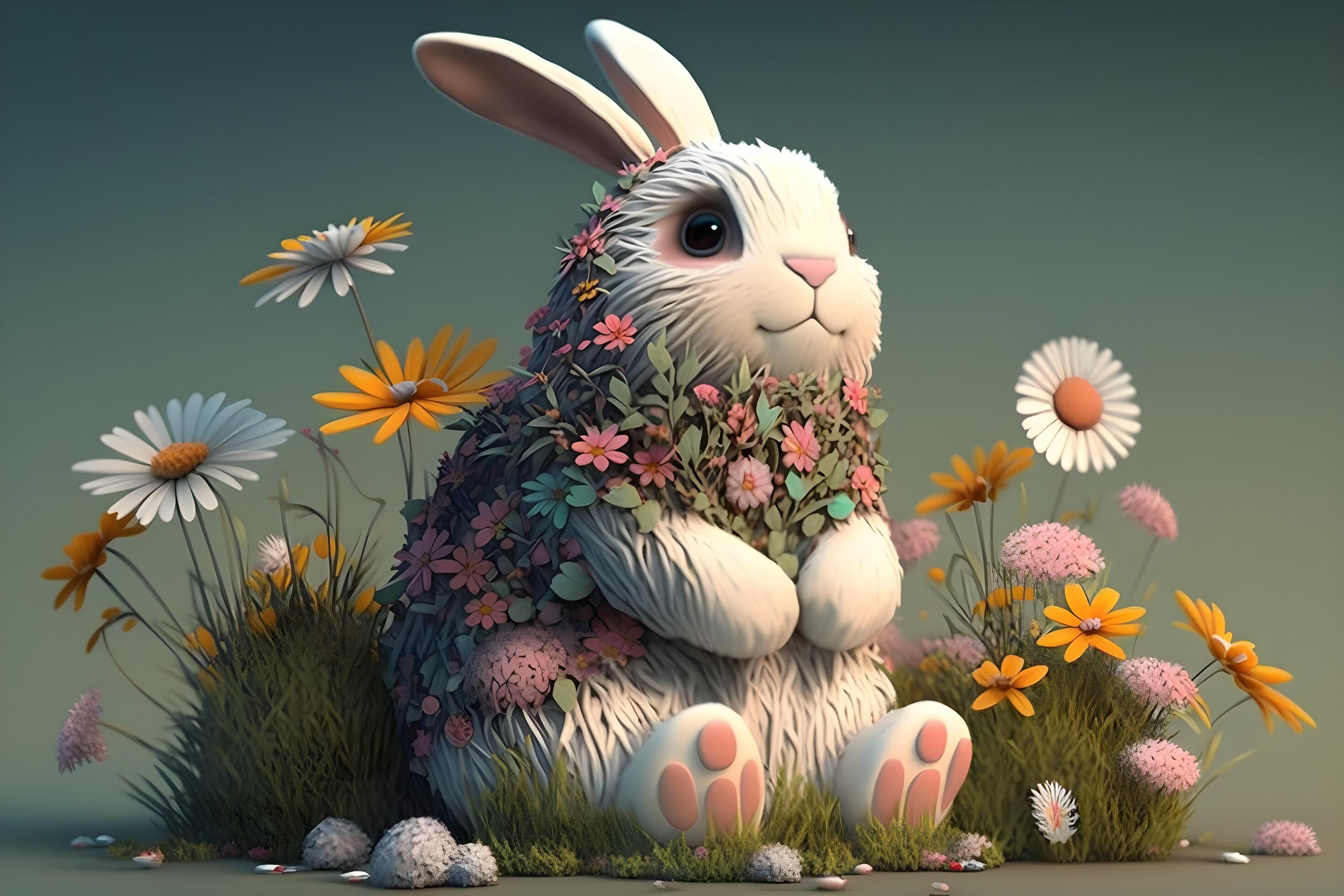 Animated bunny with flowers around created by technology Stock Free