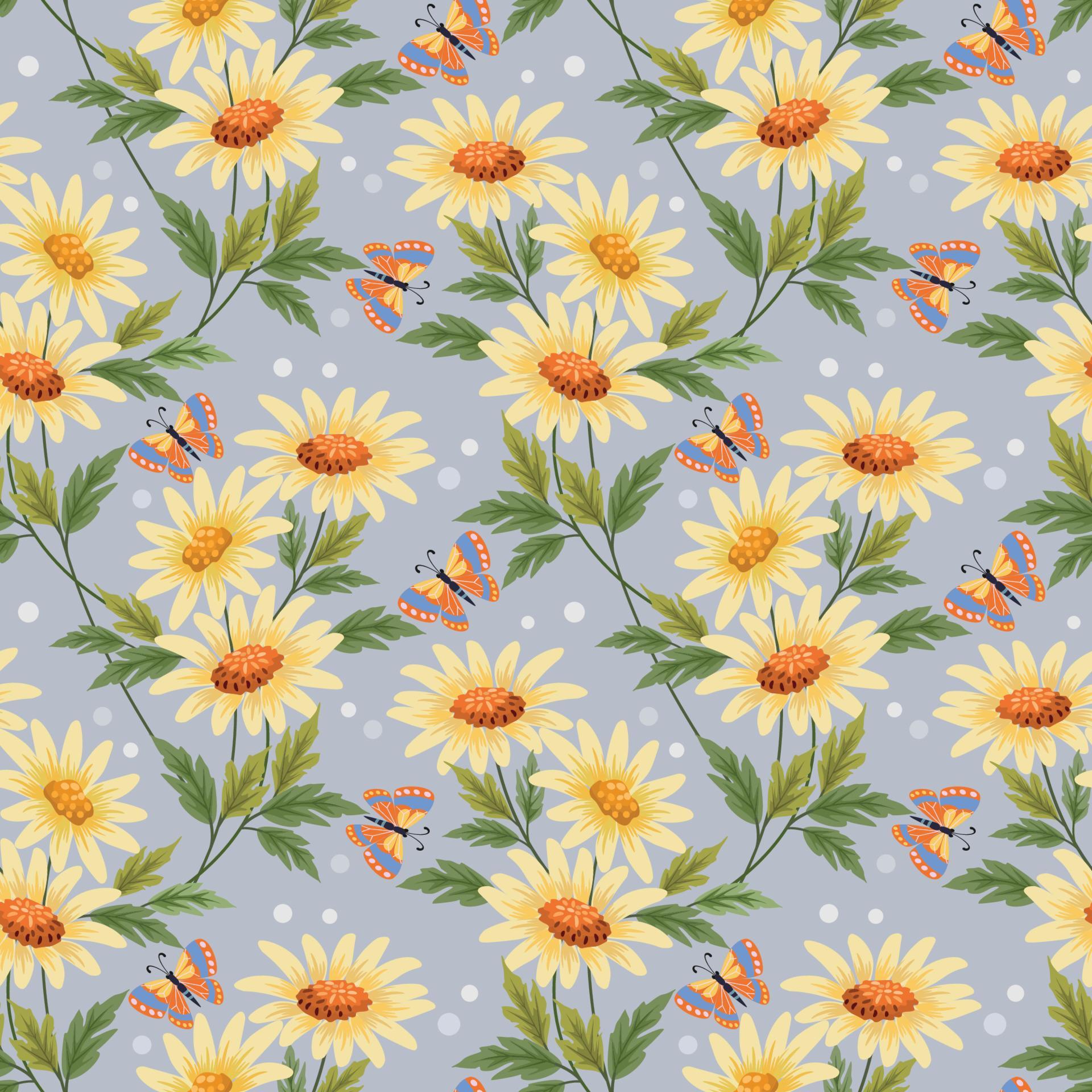 Yellow flowers and butterfly seamless pattern. Stock Free