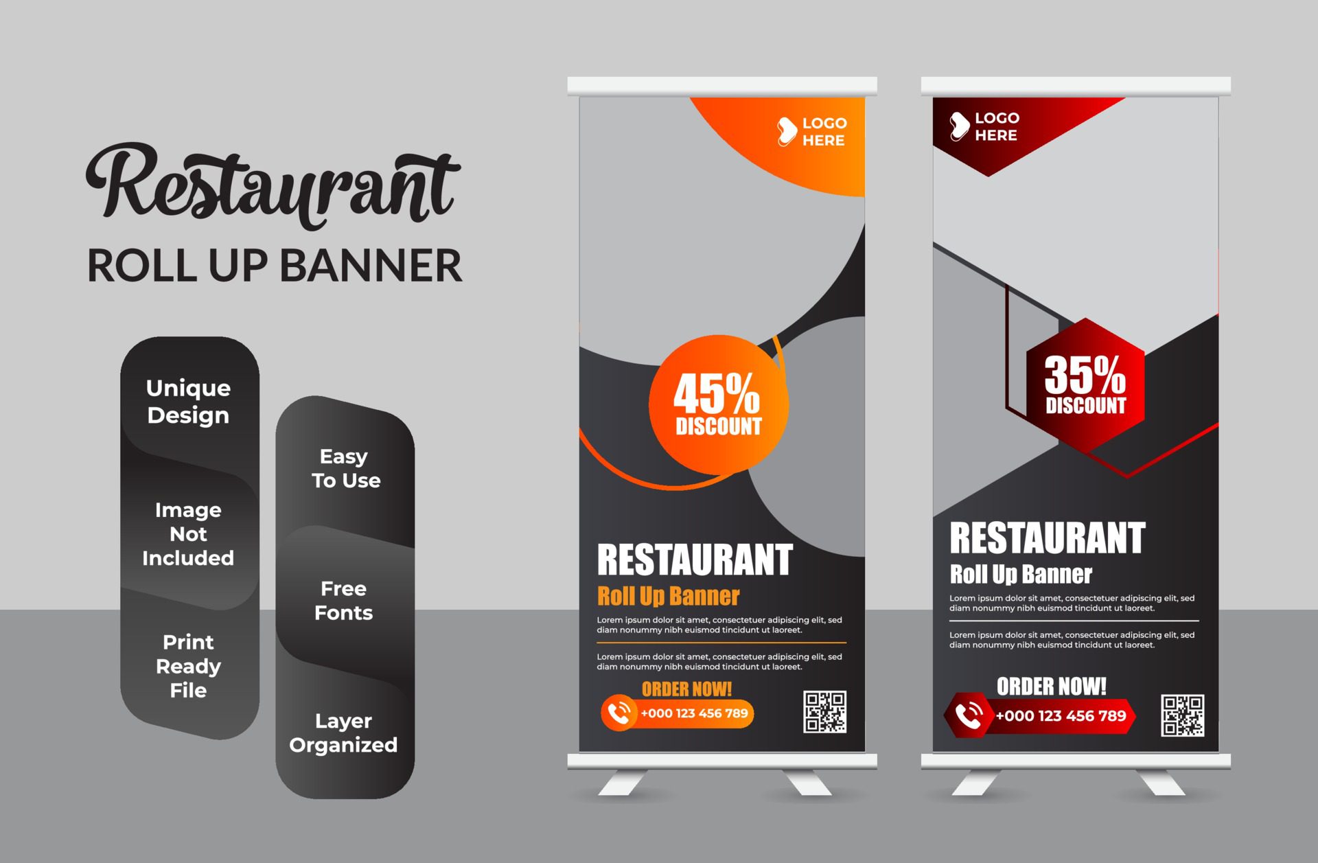 Roll up banner design print template set Free Vector