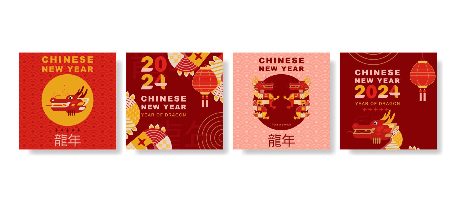 modern art Chinese New Year 2024 design set for social media post, cover, card, poster, banner. Free Vector