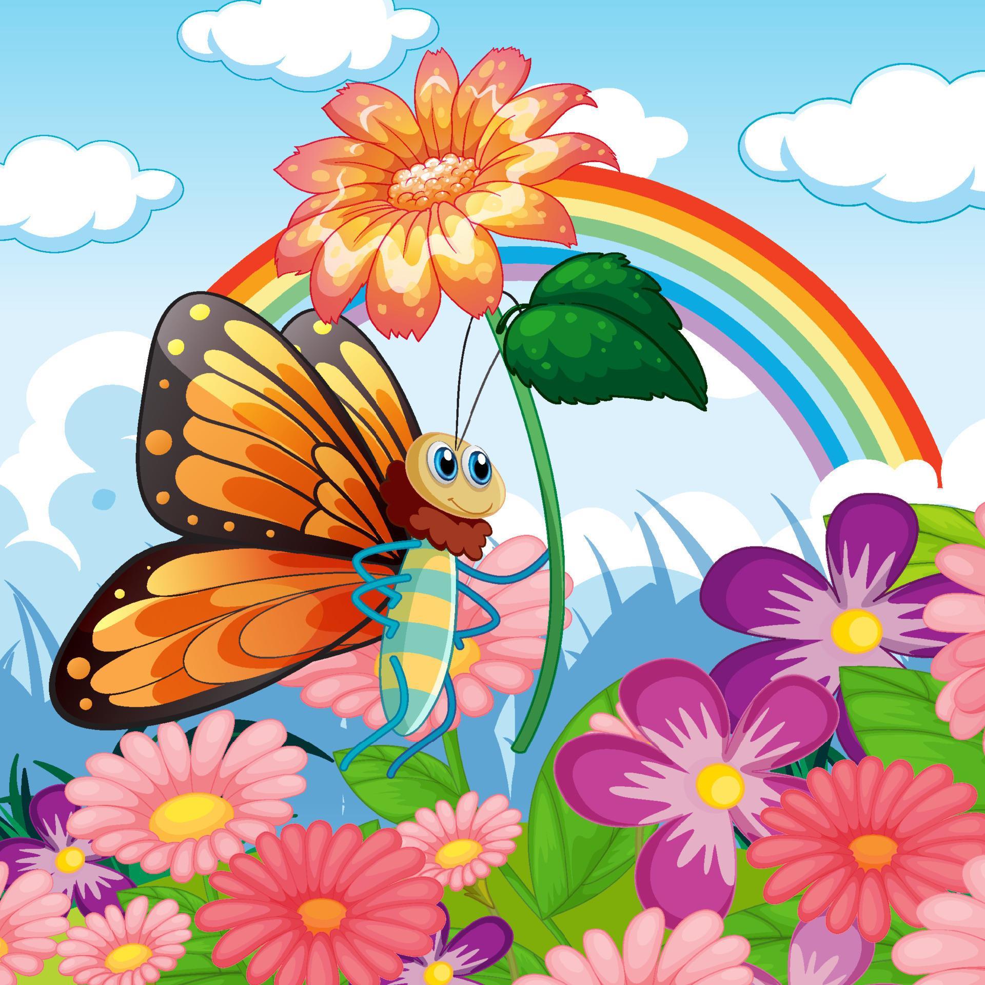 Flower field with cartoon butterfly holding flower Stock Free