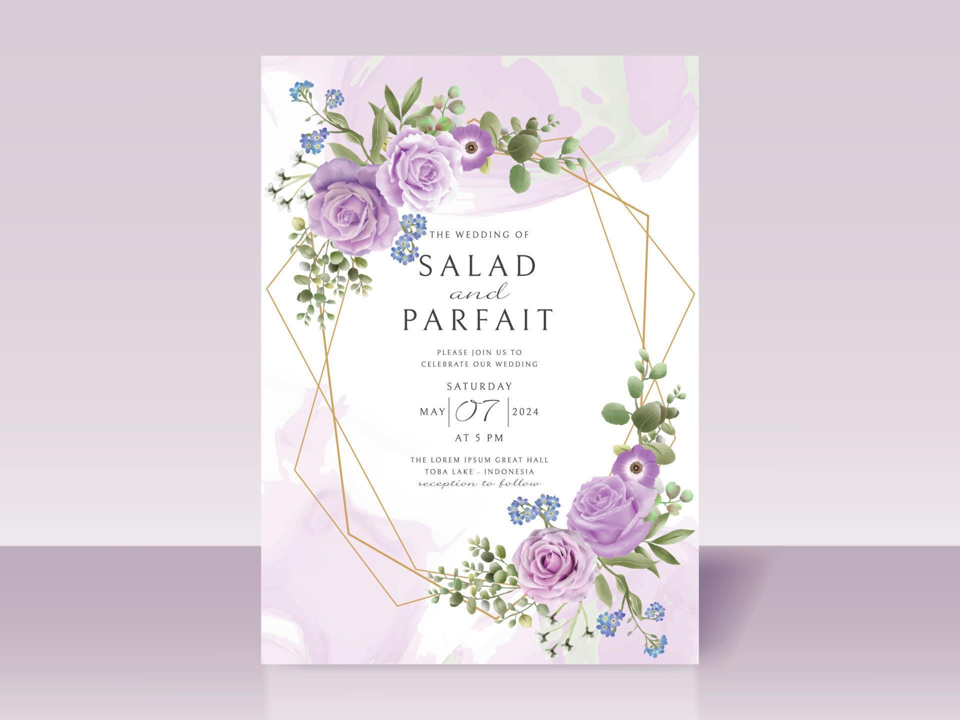 Wedding invitation card template with purple flowers Stock Free