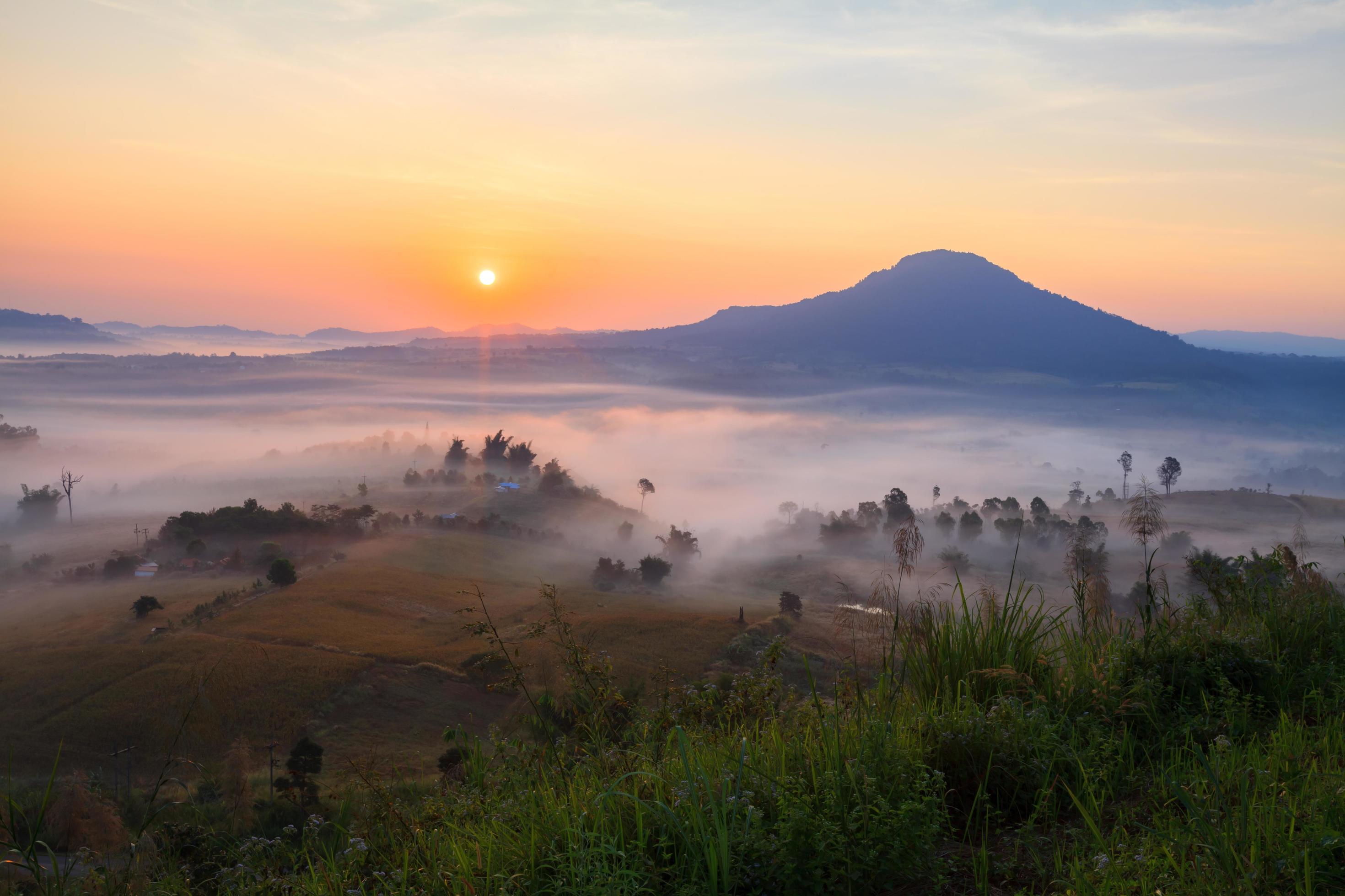 Misty morning sunrise in Khao Takhian Ngo View Point at Khao-kho Phetchabun,Thailand Stock Free