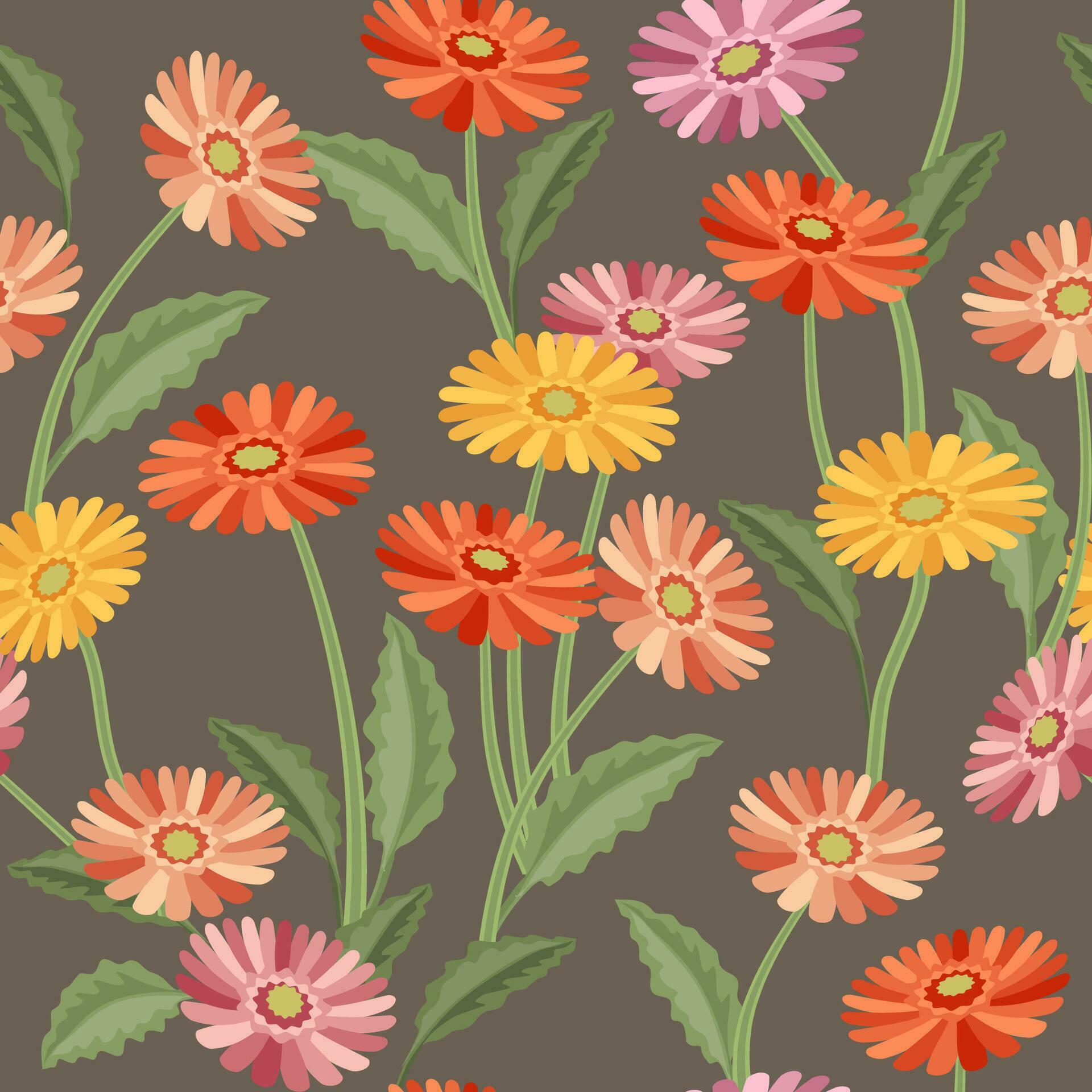 Gerberas. Seamless pattern of flowers and leaves of Gerbera. Vector. Stock Free