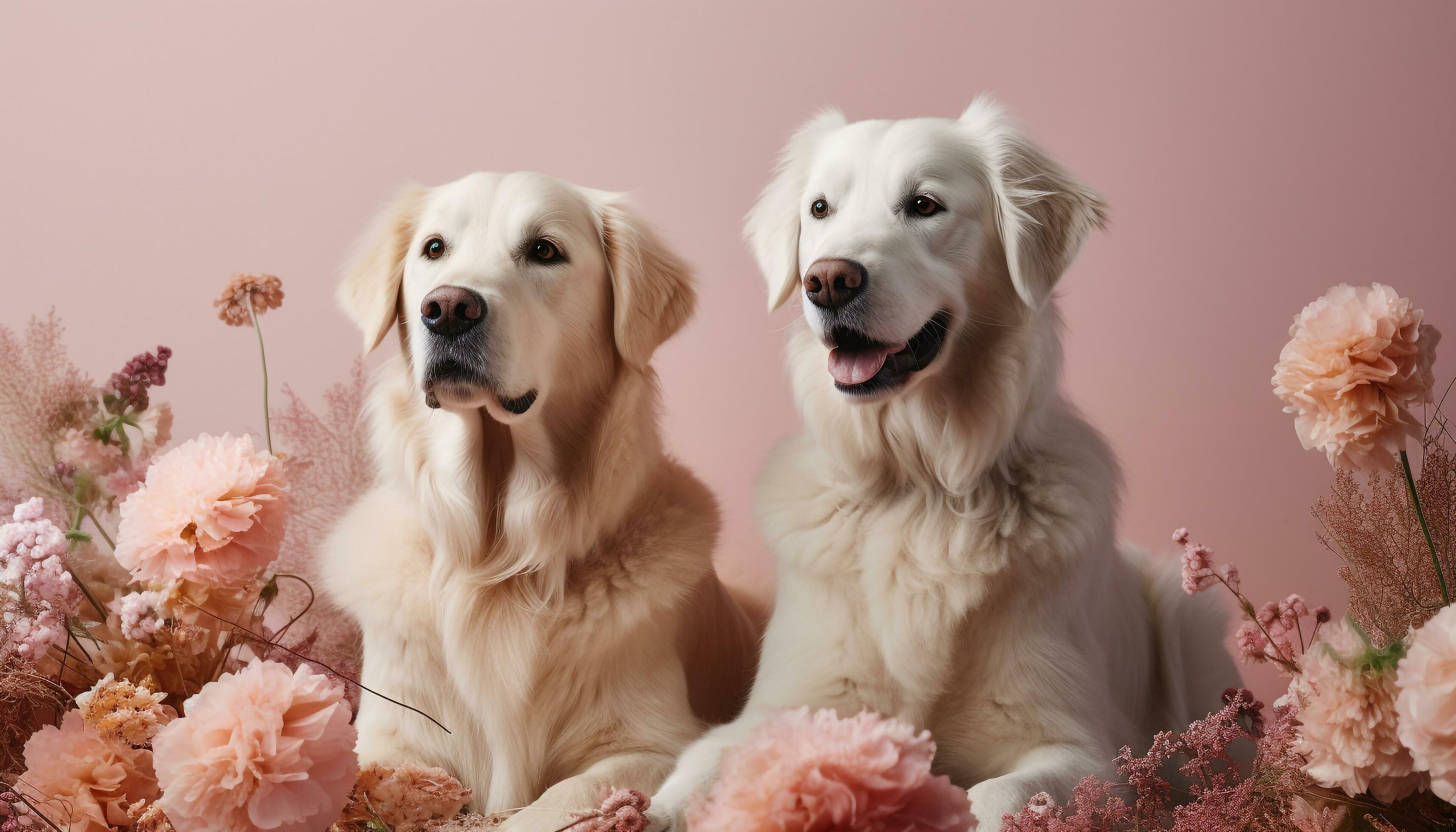 Golden retriever puppy sitting, looking at flower generated by AI Stock Free