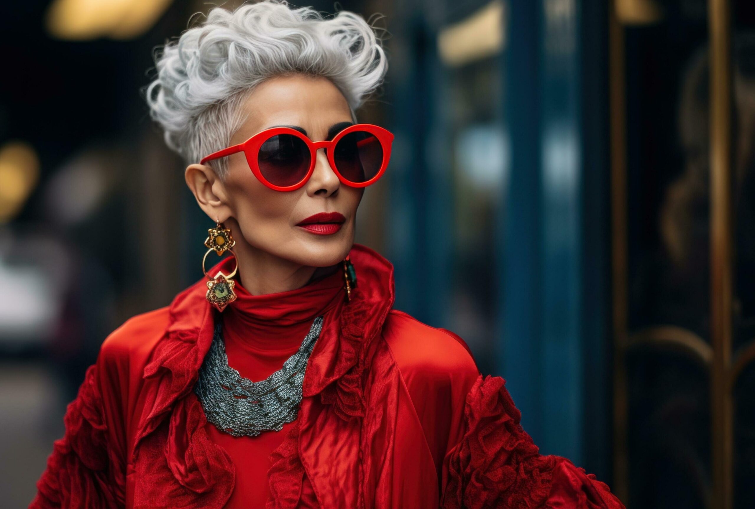 a grandmother with grey hair wearing red sunglasses Free Photo