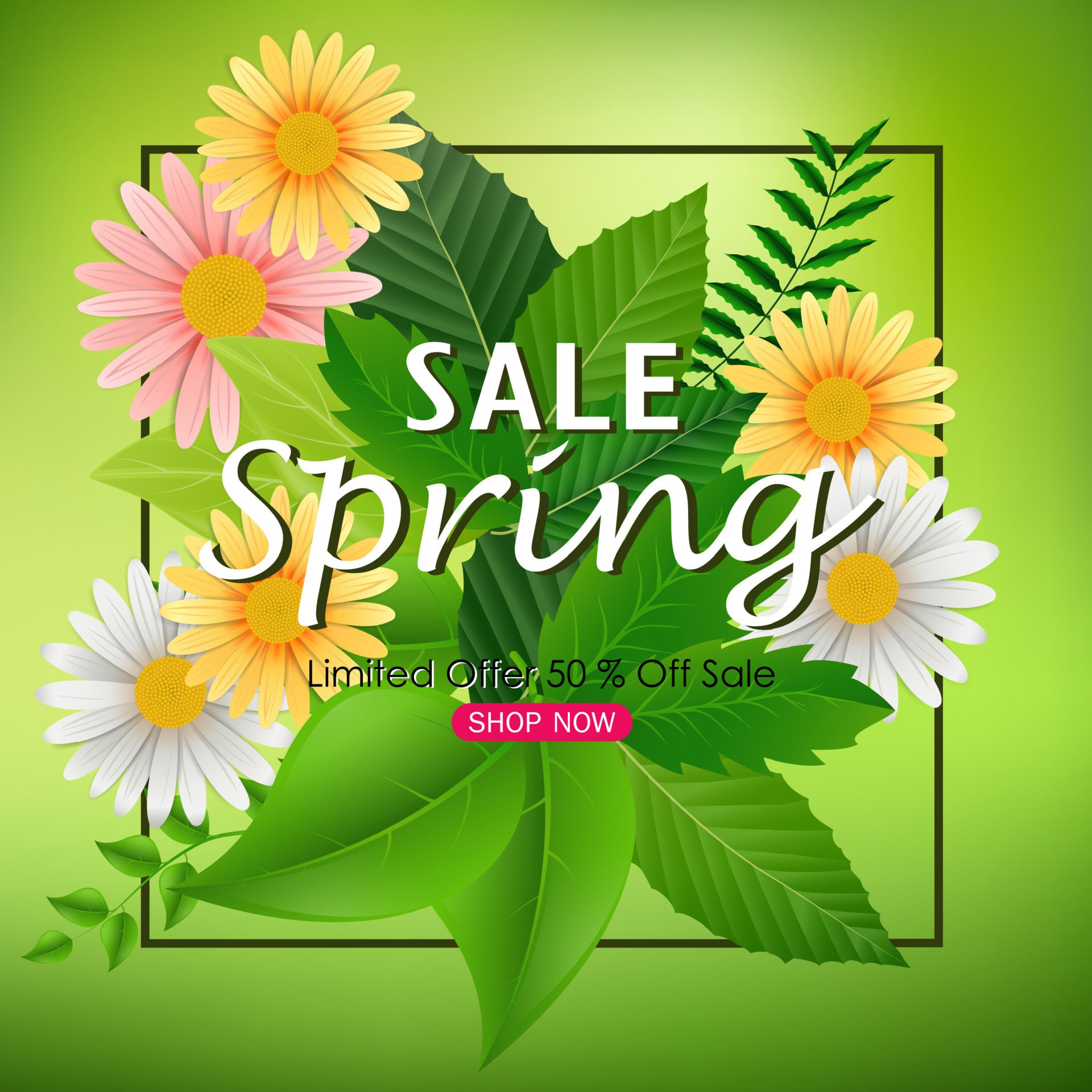 Spring sale background banner with beautiful colorful flower and green leaves Free Vector