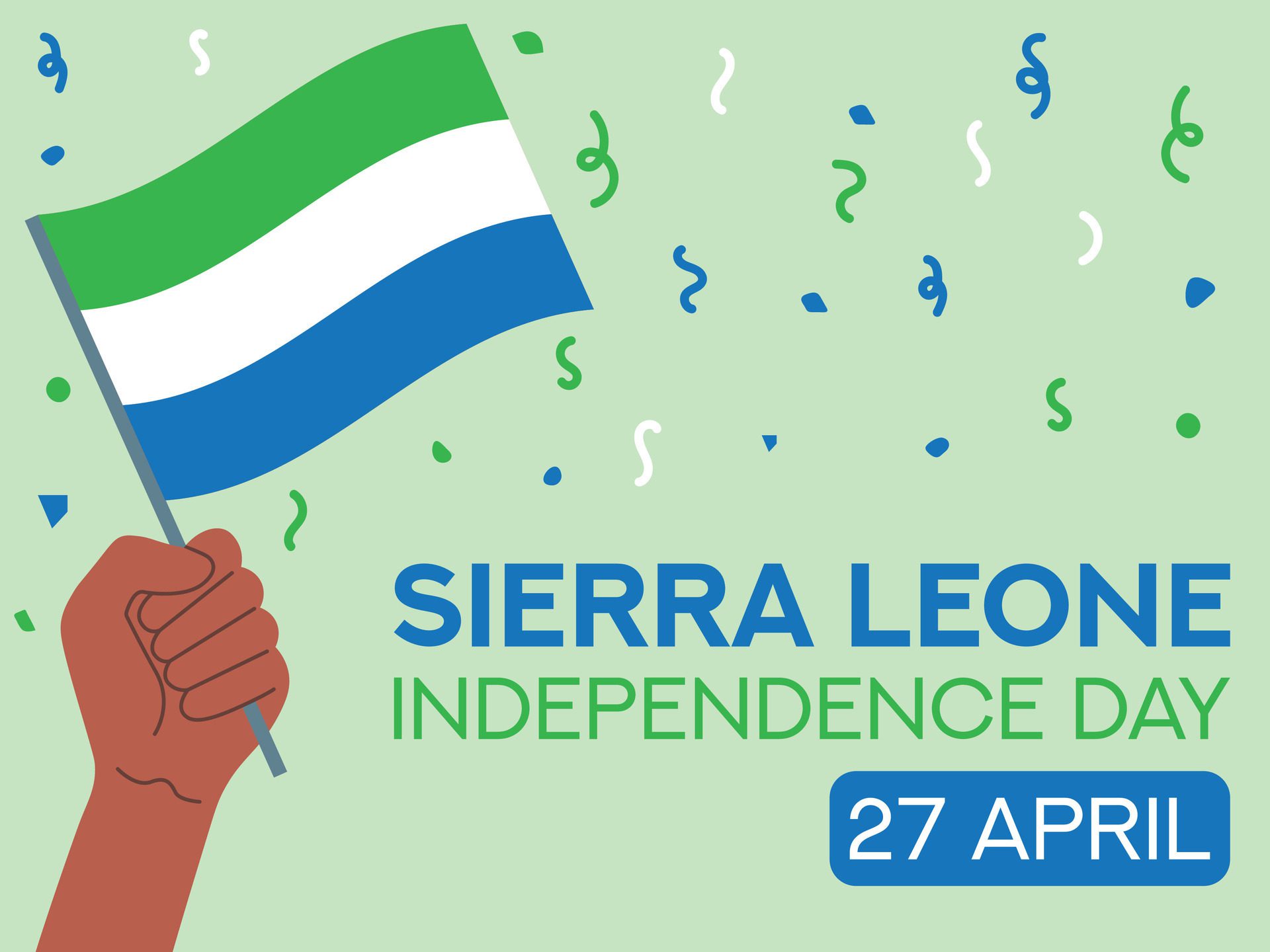 Sierra Leone independence day 27 april. Sierra Leone flag in hand. Greeting card, poster, banner template Free Vector