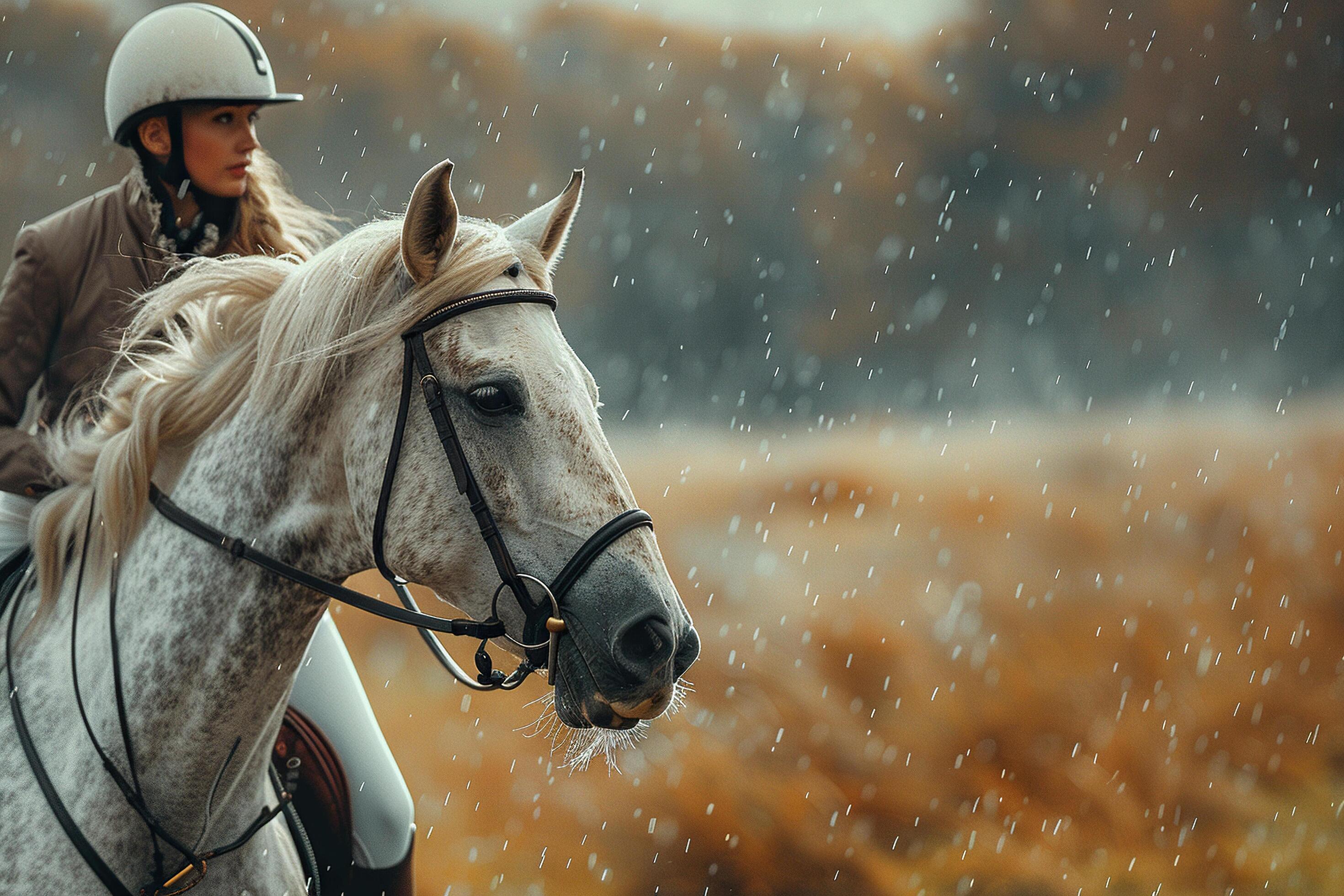 Professional rider on a white horse in rainy weather. Generated by artificial intelligence Stock Free