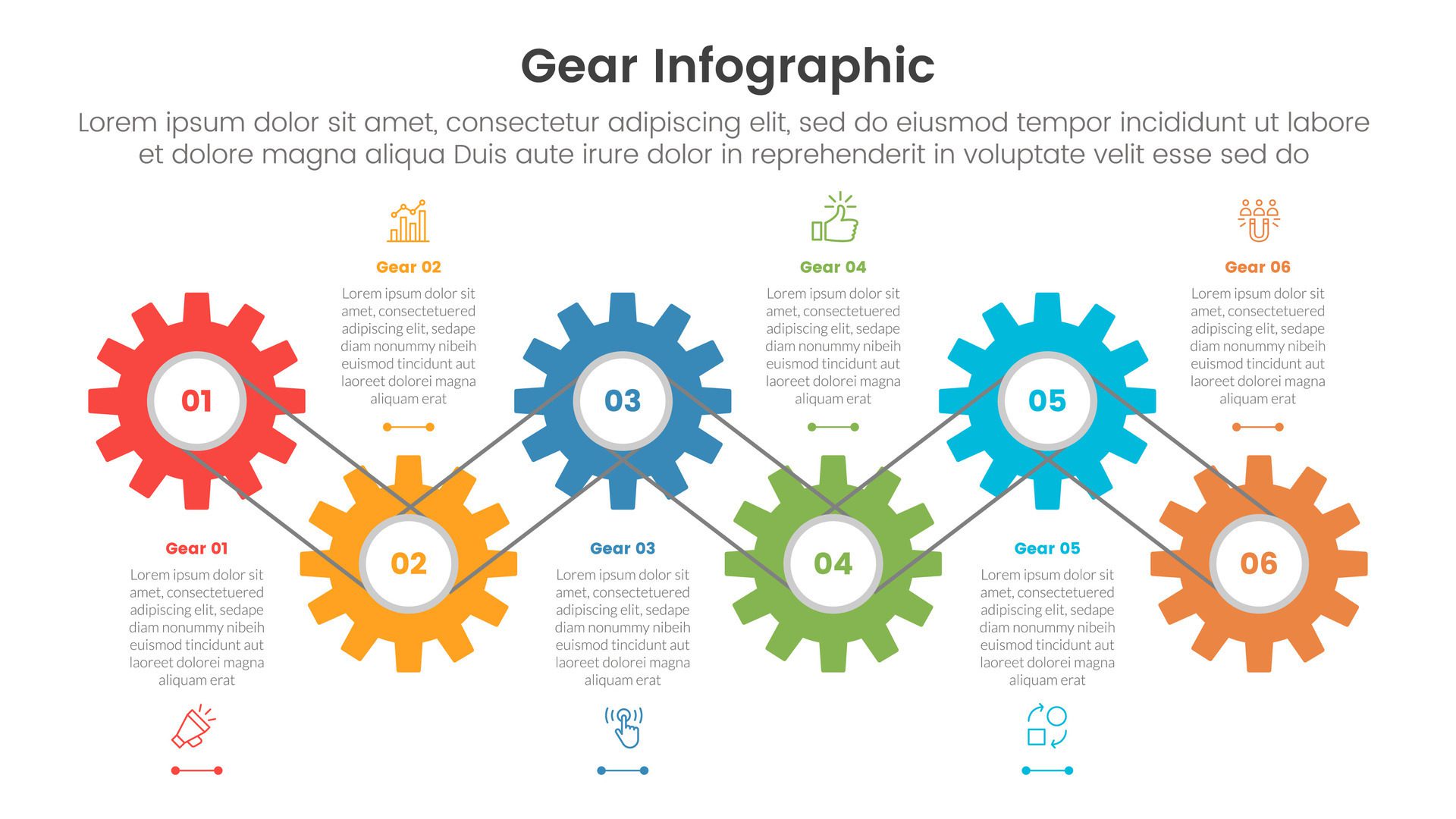 gear cogwheel infographic template banner with gear line cable connection up and down with 6 point list information for slide presentation Free Vector