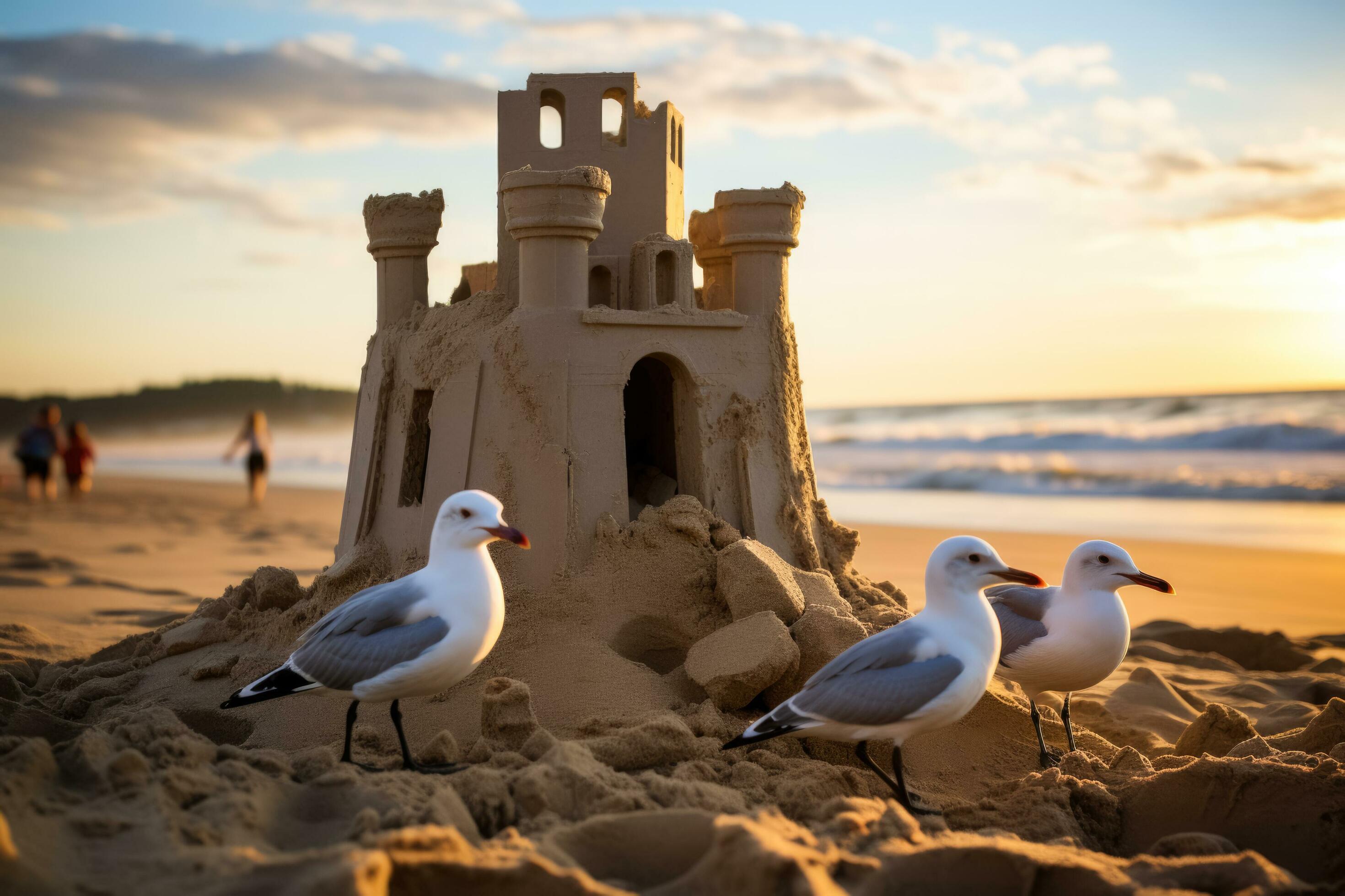 Family sandcastles and seagulls Stock Free