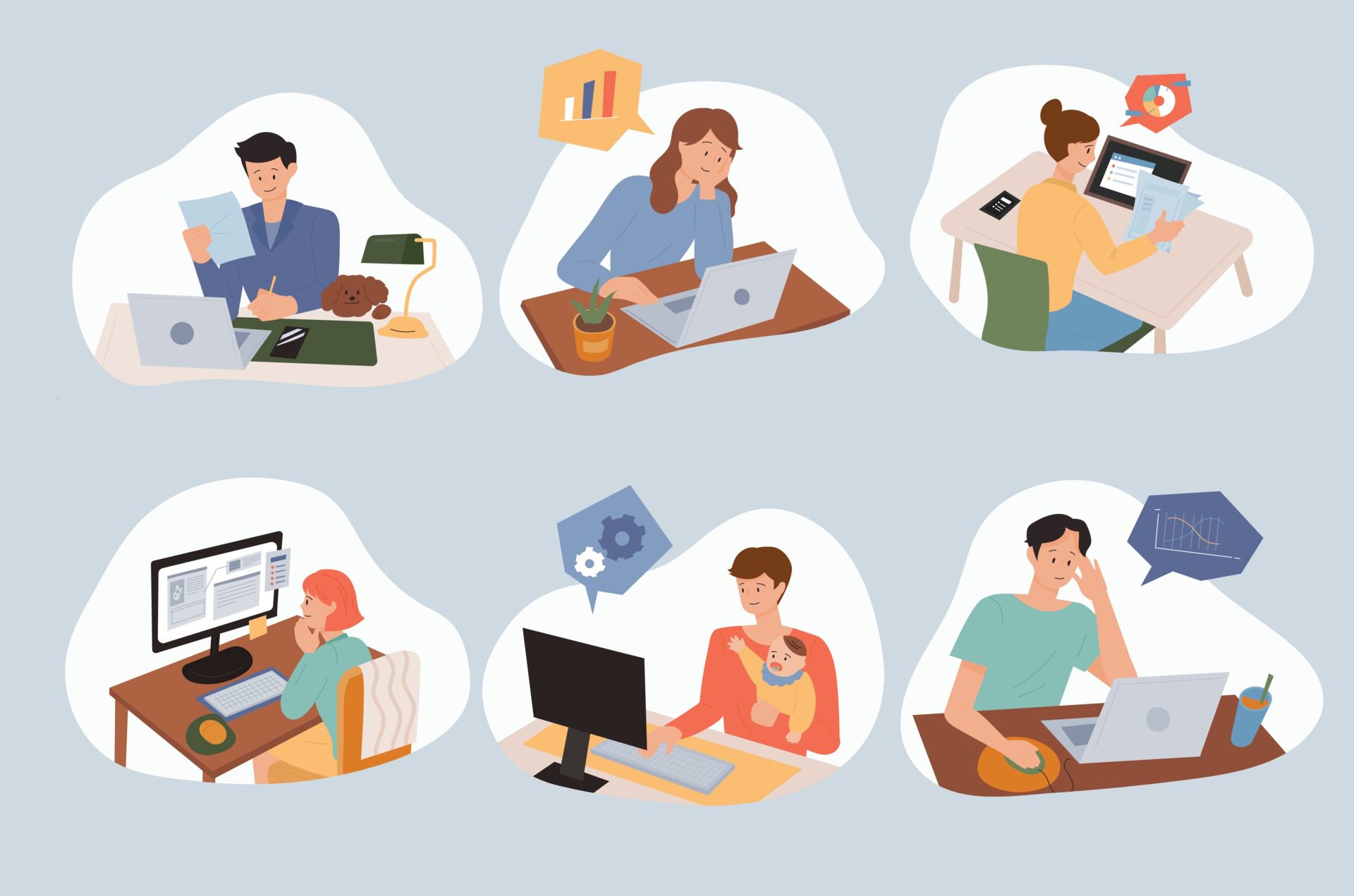 People working from home using computers at their desks. Free Vector