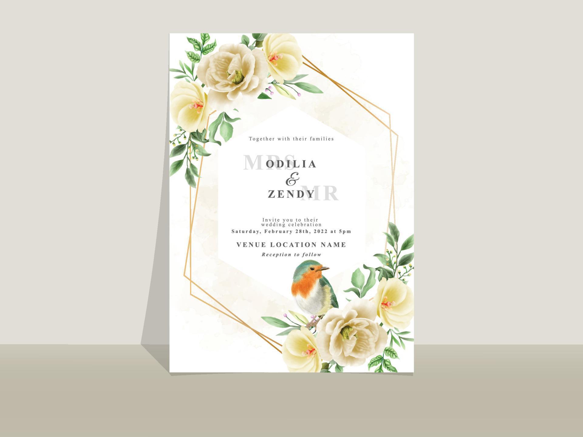 Wedding invitation card template yellow flowers theme Stock Free