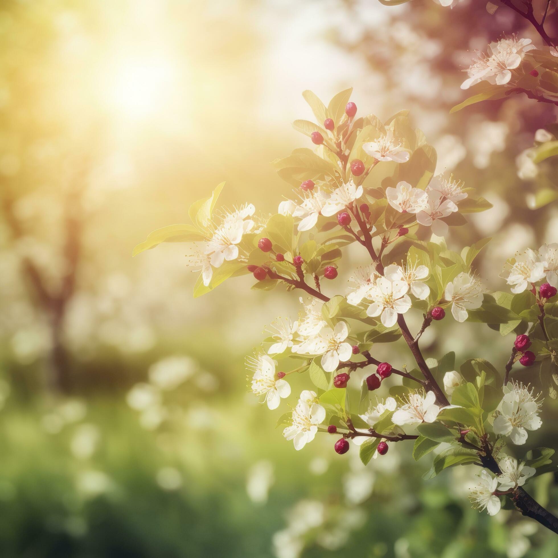 Spring blossom background. Nature scene with blooming tree and sun flare. Spring flowers. Beautiful orchard , generat ai Stock Free