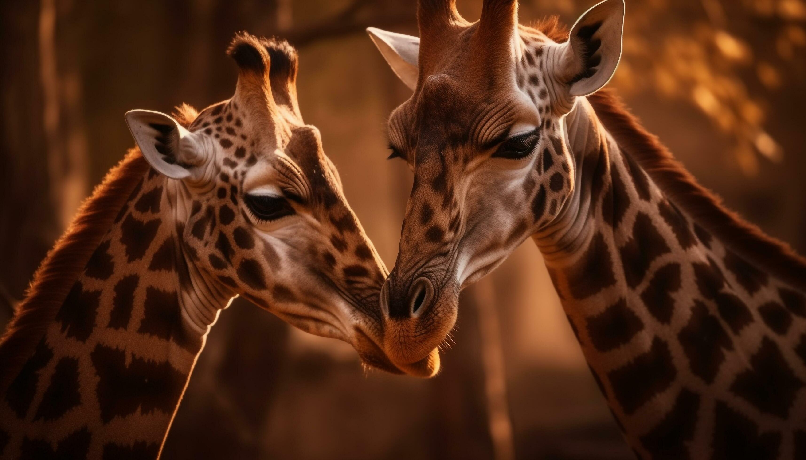 Giraffe family kissing in the African savannah generated by AI Stock Free