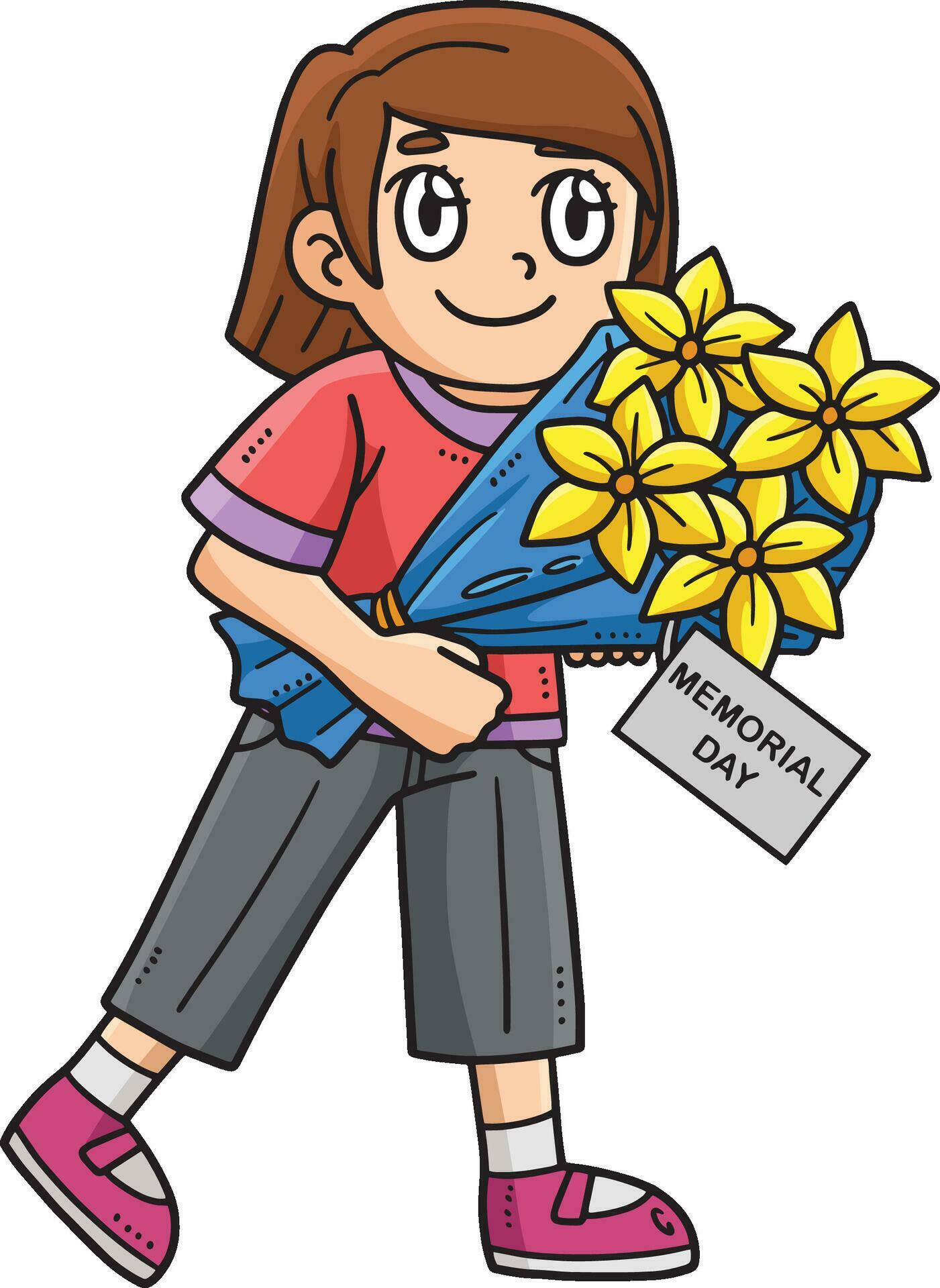 Memorial Day Child Offering Flower Cartoon Clipart Stock Free