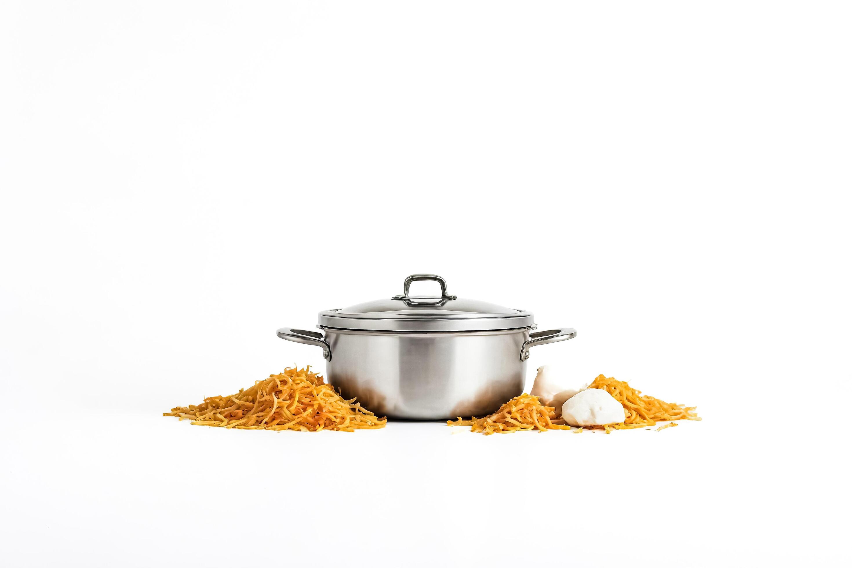 Stainless Steel Pot with Noodles and Garlic on White Background Stock Free