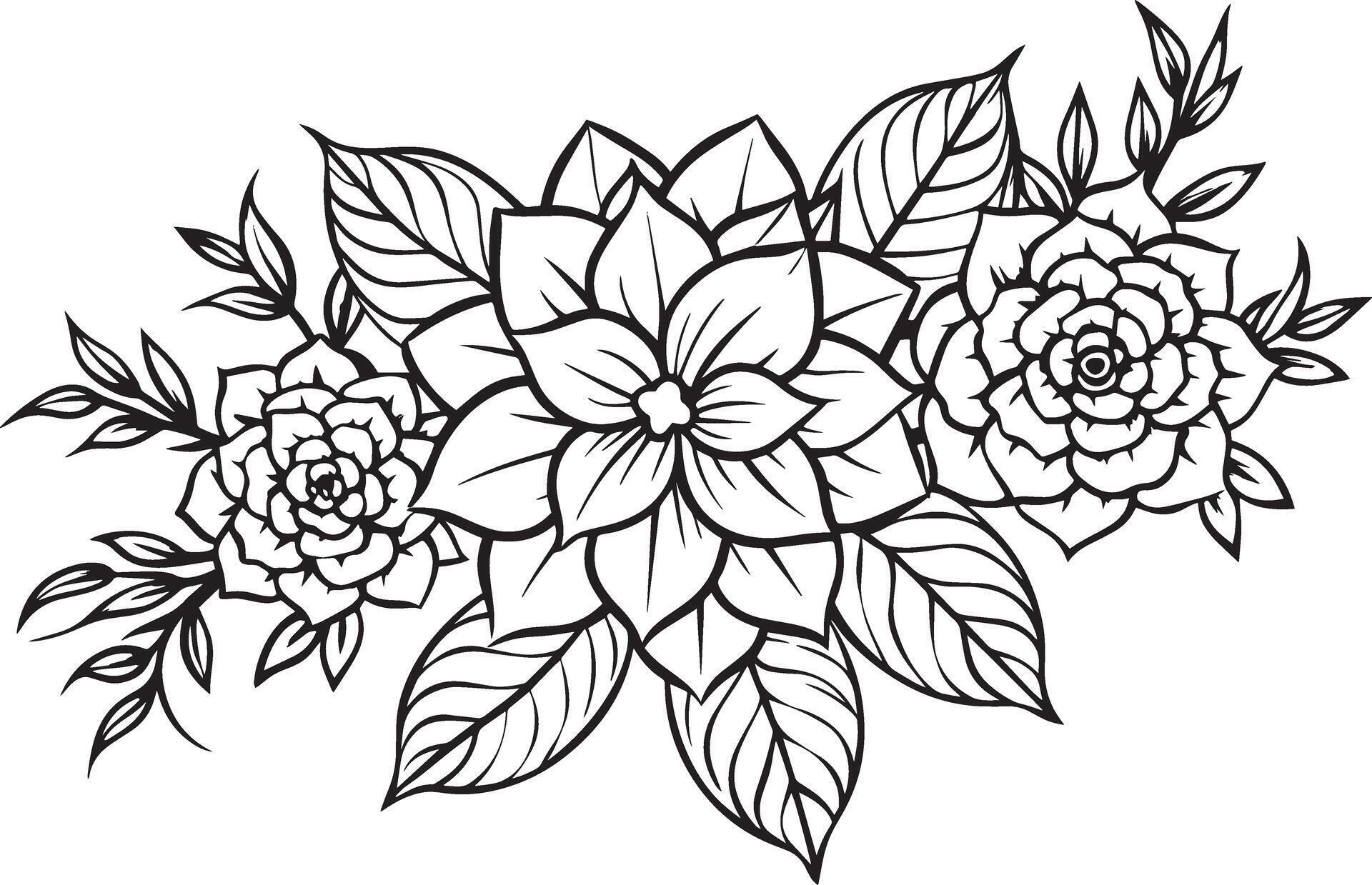 Black and white flowers and leaves. Floral background for coloring book. Stock Free