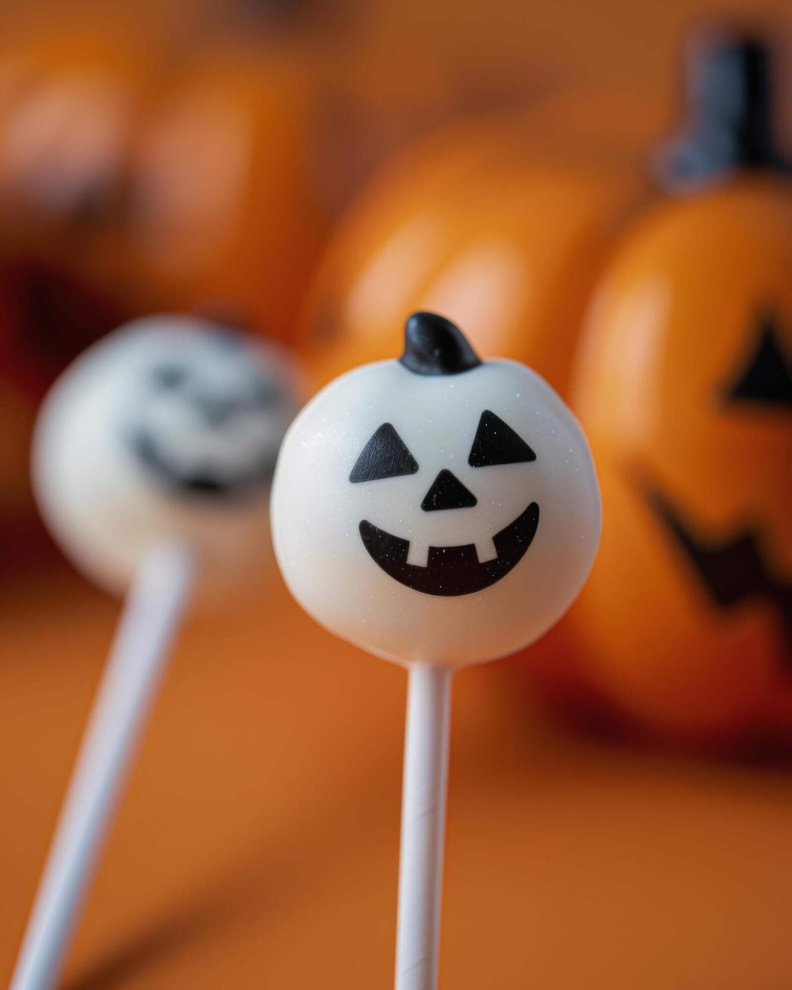 Halloween Cake Pops With Pumpkin Decorations Against Orange Background Stock Free